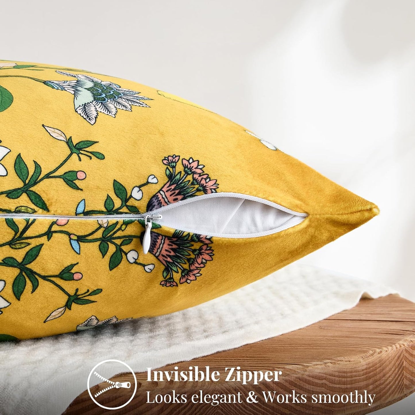 MUSSEL Mustard Yellow Floral Pillow Covers 18x18 Set of 2, Velvet Wild Flower Plant Throw Pillows Case, Square Farmhouse Decor Cushion Covers for Home Sofa Bed Couch