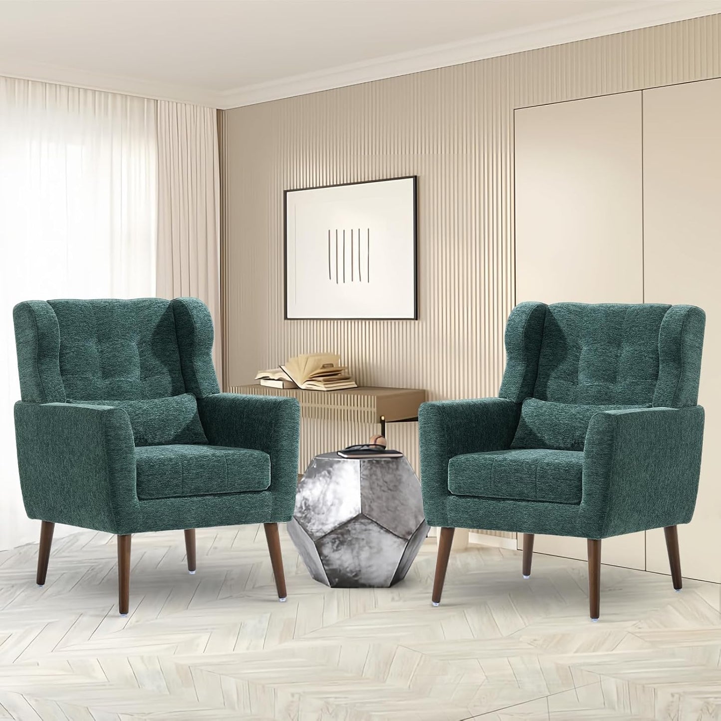 Accent Chairs Set of 2 for Living Room, Chenille Upholstered Mordern Armchair, Comfy Soft Padded Lounge Reading Arm Chair in Small Space, Bedroom, Pillow, Solid Wood Leg, Beige