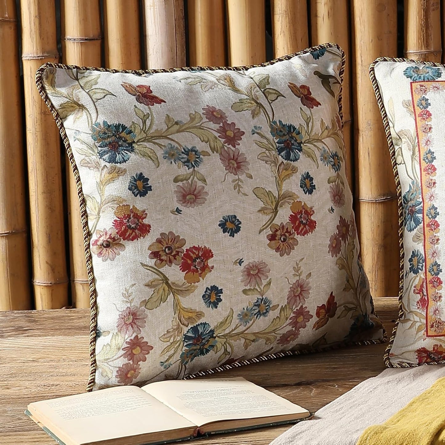 patdrea Designer Pack of 2 Square Throw Pillow Covers,Farmhouse Pink and Yellow Linen with Floral Pattern Pillows Cover,Decorative Pillowcases Cushion for Bed Living Room Outdoor Car,18"x18"
