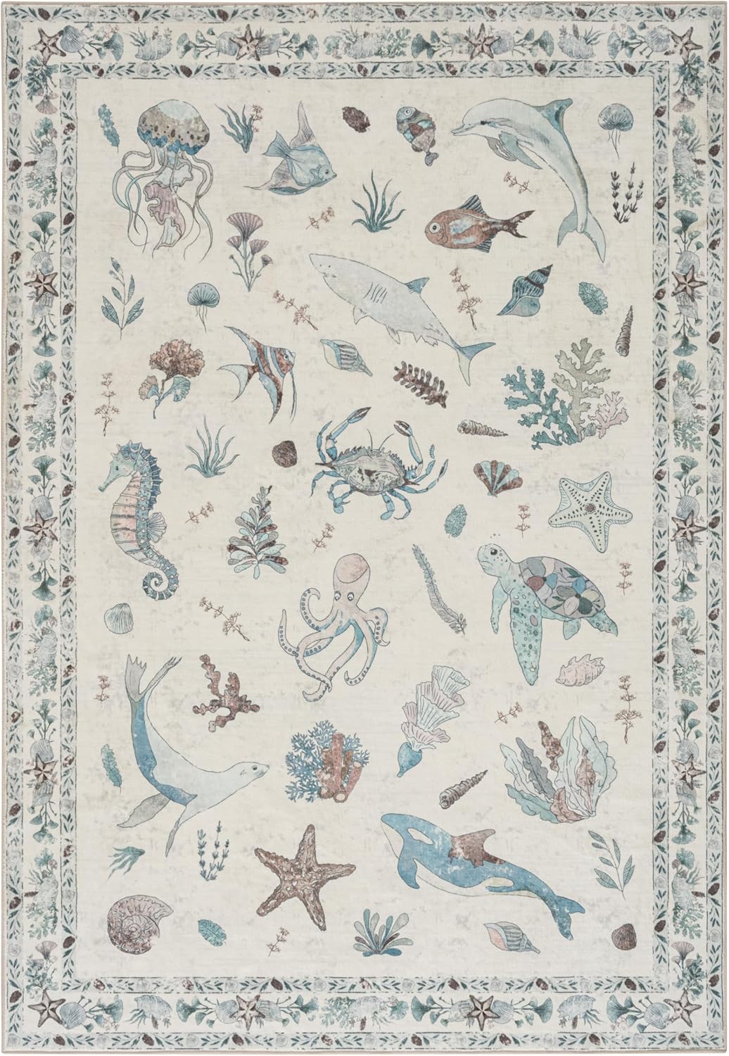 Soft Marine Animal Washable Faux Wool Stain Resistant Rug Rubber Non-Slip Backing for Playroom Bathroom Living Room Bedroom Bedside Beachy Cute Coastal Nautical Nursery Rug (Blue Multi, 5' x 7')