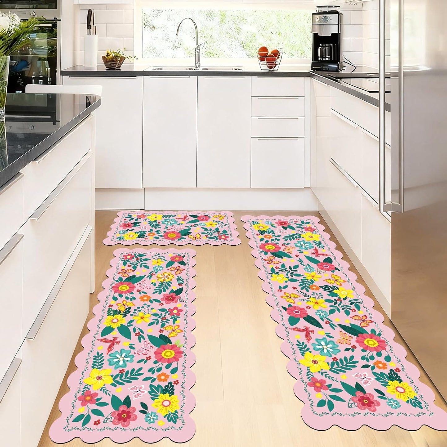 Kitchen Rugs Sets 3 Piece, Non Slip Cushioned Kitchen Mats for Floor Comfort Standing Runner Rugs, Chef Floor Carpet for Sink, Laundry Room, Hallway, Entryway, Bathroom, Brown Honeycomb Marble