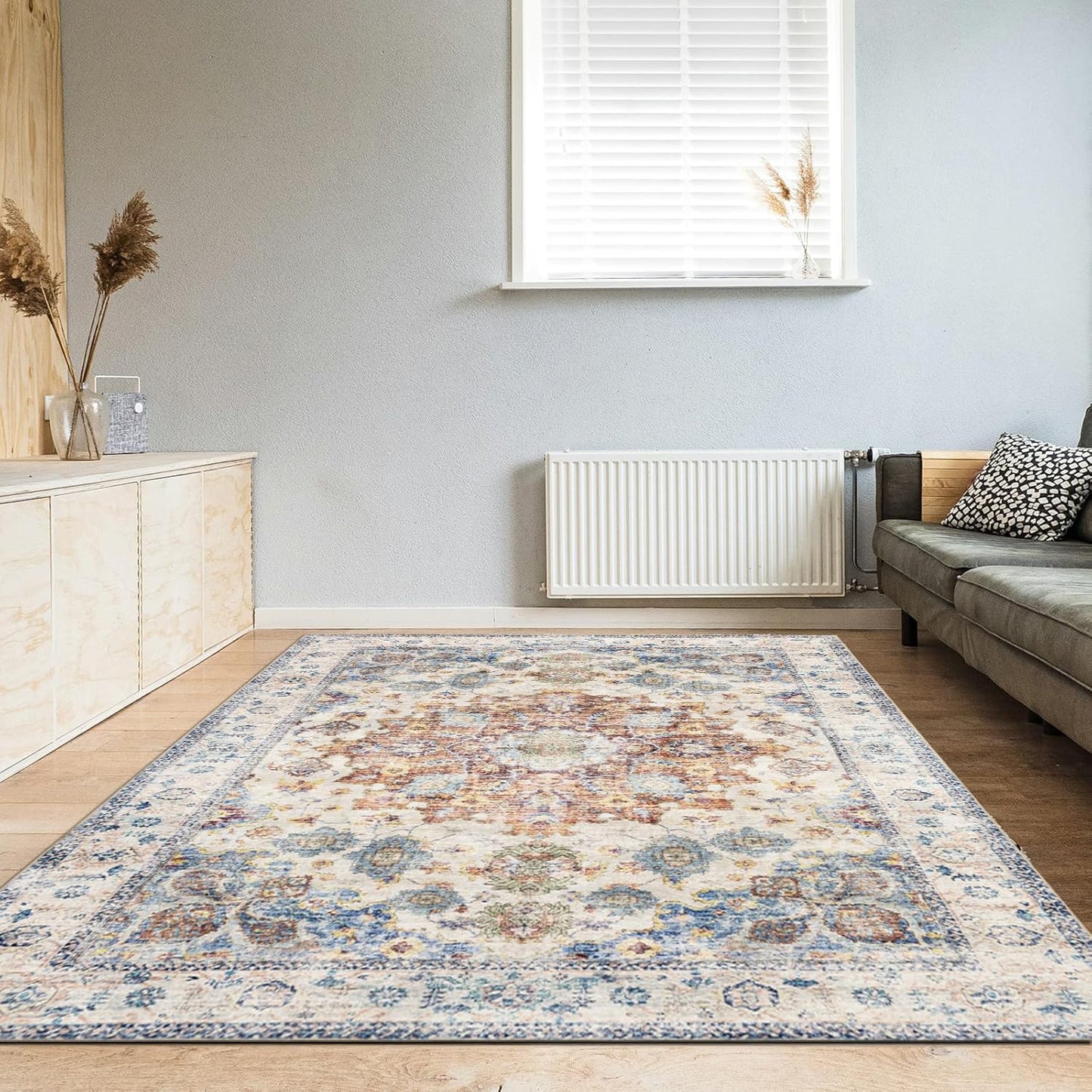 Area Rug 5×7, Vintage Boho Rug,Ultra-Soft Low Pile, Washable, Non Slip,Stain Resistant Printed Carpet for Living Room Bedrooms Playroom Office Kitchen, Light Blue