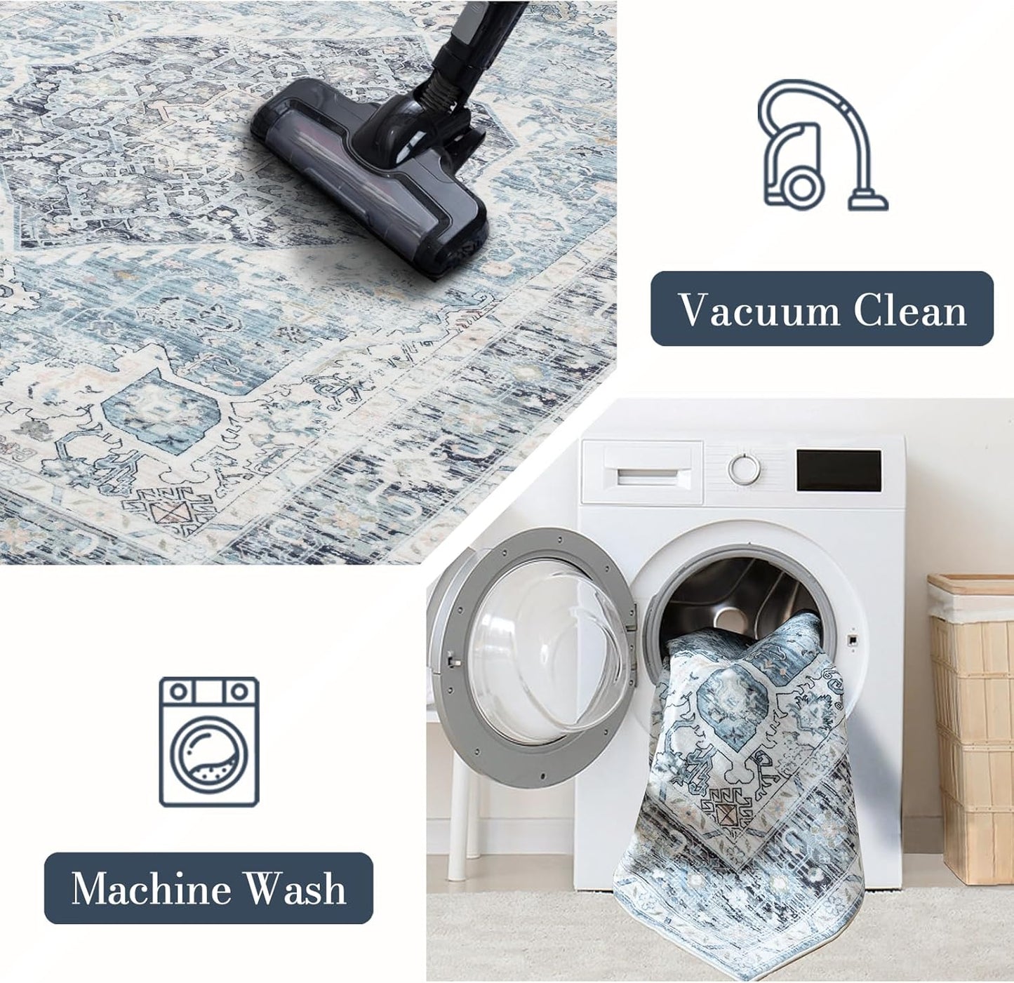 Area Rug 5×7, Vintage Boho Rug,Ultra-Soft Low Pile, Washable, Non Slip,Stain Resistant Printed Carpet for Living Room Bedrooms Playroom Office Kitchen, Light Blue