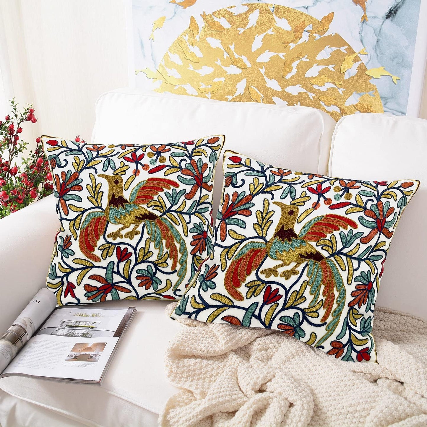 Alysheer Floral Embroidered Fall Decorative Throw Pillow Covers 18"x 18" Set of 2, Farmhouse Daisy Flowers Patterned Canvas Cushion Cases for Couch Bed Living Room Decor