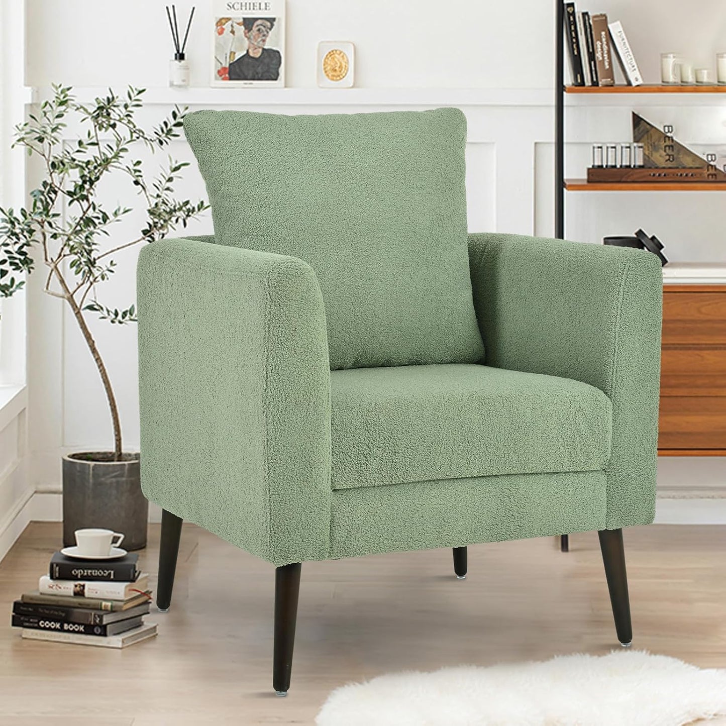 Accent Chairs Set of 2 for Living Room, Chenille Upholstered Mordern Armchair, Comfy Soft Padded Lounge Reading Arm Chair in Small Space, Bedroom, Pillow, Solid Wood Leg, Beige