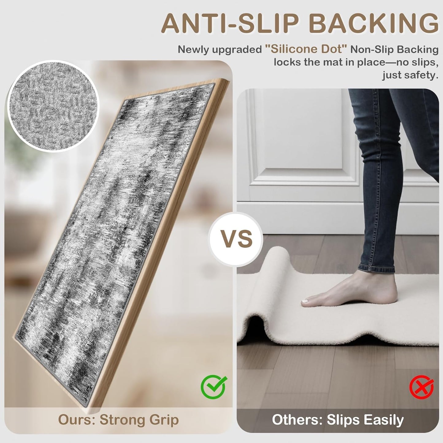 Tritard 100% Non Slip Kitchen Rugs Sets of 3 Washable Kitchen Mats for Floor Abstract Kitchen Runner Rug Soft Thick Floor Mat Set Kitchen Carpet Rugs for Hallway, Laundry, Entryway, Office, Grey