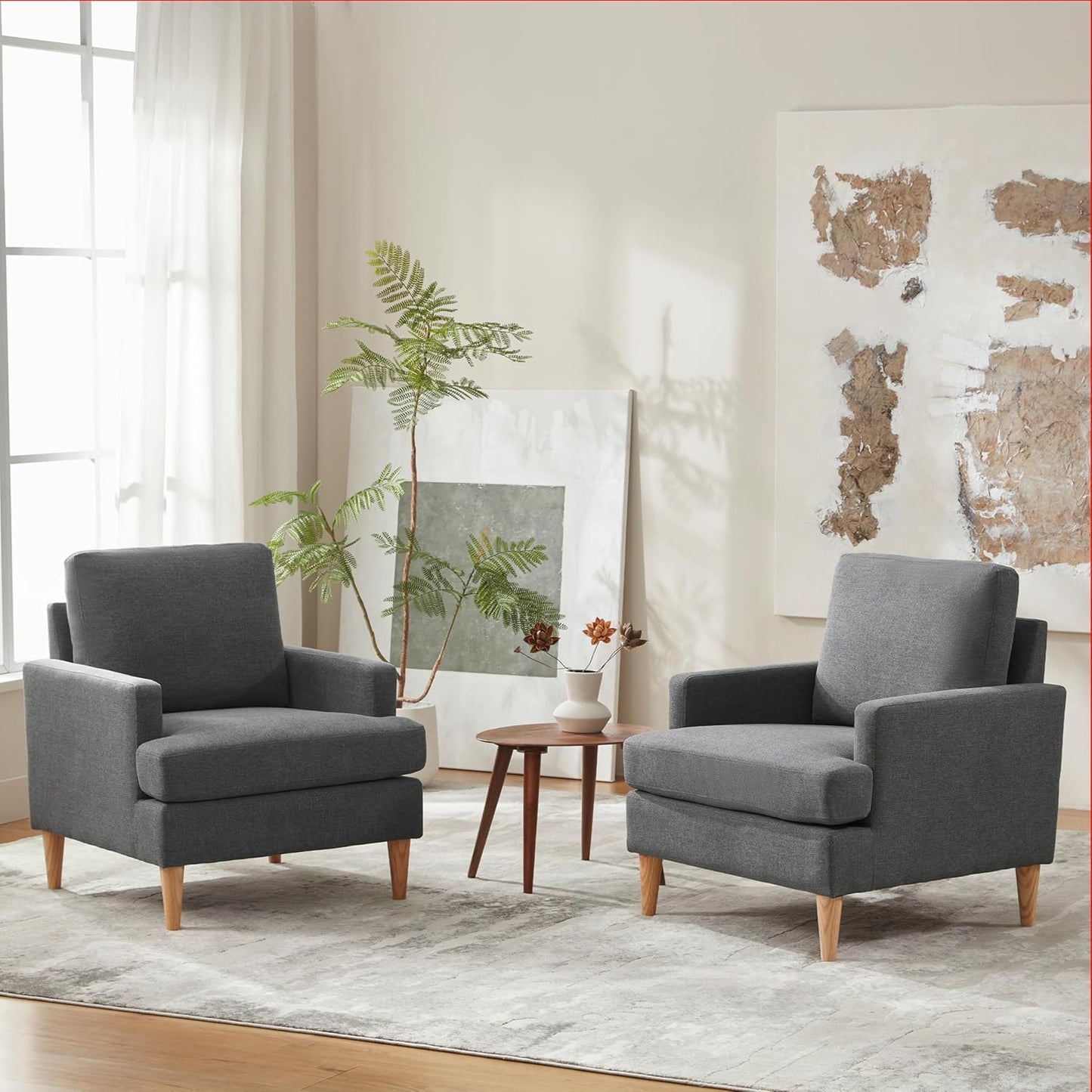 VKNOW Mid-Century Accent Chair, Modern Upholstered Chenille Armchair for Living Room,Comfy Reading Accent Chairs with Wood Legs for Bedroom, Beige