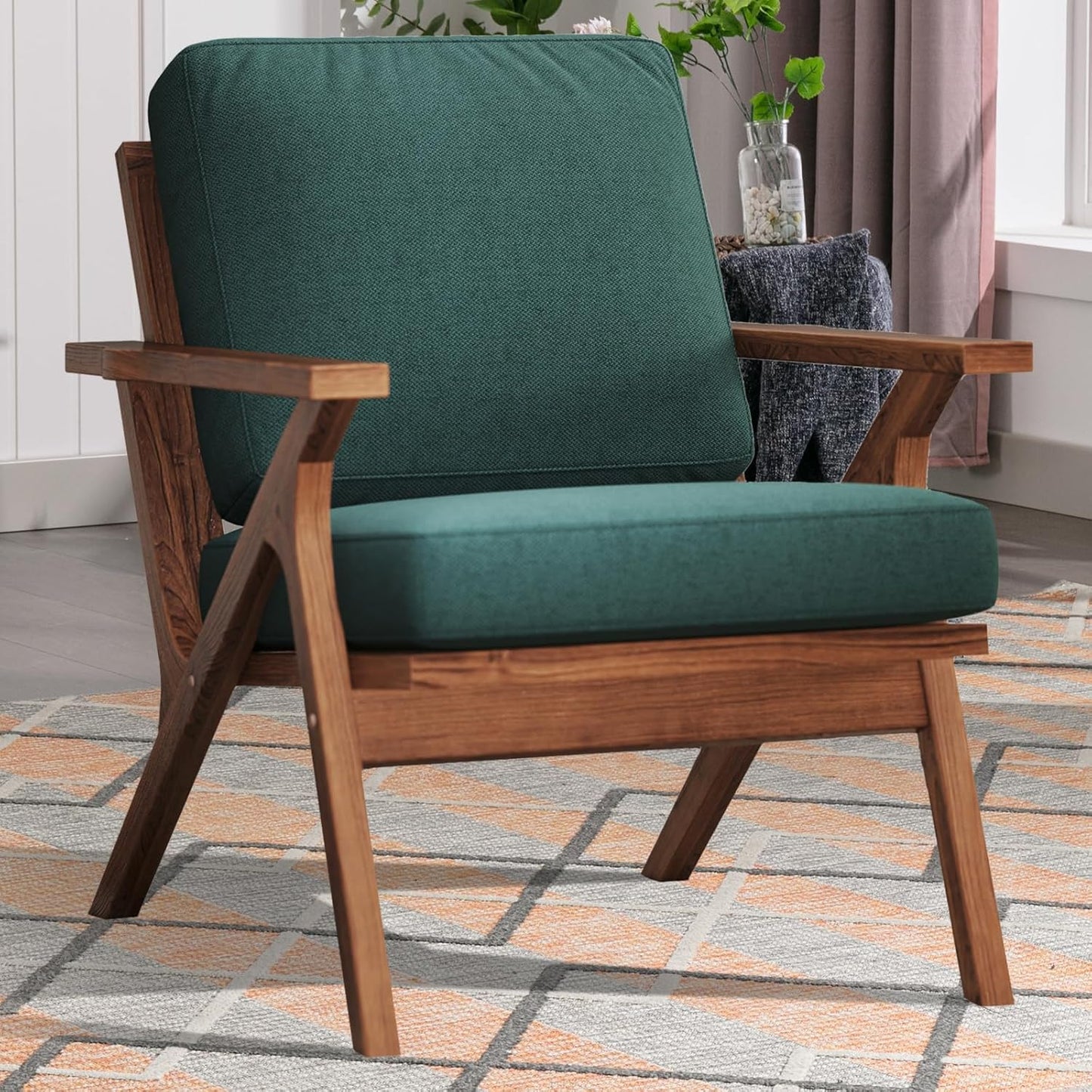 INZOY Mid-Century Modern Accent Chair with Wood Frame, PU Leather Living Room Chair and Soft Thick Padded Armchair for Living Room Bedroom Reception with Removable Upholstered Cushions, Brown
