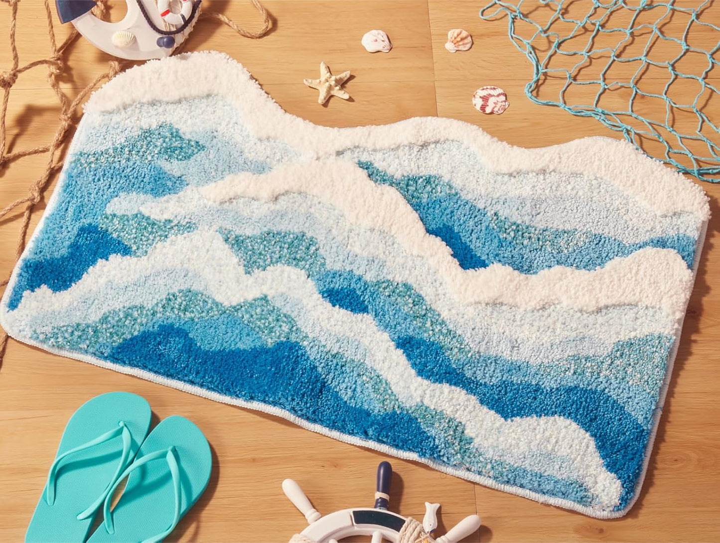 Large Ocean Sea Wave Rug 60"x30", Beach Themed Room Decor Aesthetic, Beachy Decor for Bedroom Nursery Kitchen, Washable Blue Area Rug for Summer Room, Nautical Coastal Room Decor