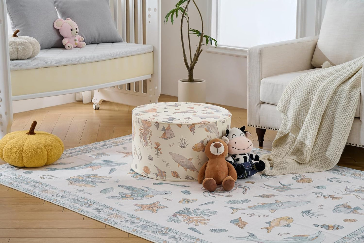 Soft Marine Animal Washable Faux Wool Stain Resistant Rug Rubber Non-Slip Backing for Playroom Bathroom Living Room Bedroom Bedside Beachy Cute Coastal Nautical Nursery Rug (Blue Multi, 5' x 7')