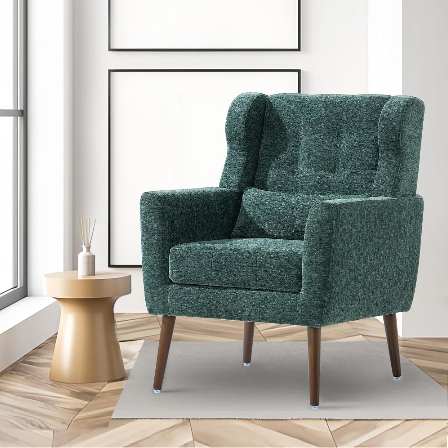 Accent Chairs Set of 2 for Living Room, Chenille Upholstered Mordern Armchair, Comfy Soft Padded Lounge Reading Arm Chair in Small Space, Bedroom, Pillow, Solid Wood Leg, Beige