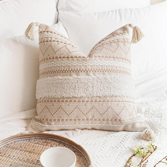 Decorative Throw Pillow Cover 20x20 Square Cream Neutral White Boho Accent Pillowcase Tassels Farmhouse Cushion for Couch Sofa Bedroom Living Room Home Décor (Cover ONLY, Pack of 1)