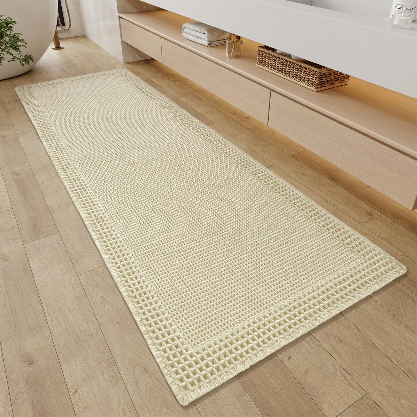 RESARE Waffle Bathroom Runner Rugs, Super Absorbent Bath Mat Non Slip Washable Quick Dry, Upgraded Ultra Soft Boho Bath Rugs with Tassels for Hallway Bedroom Laundry Room, 2'x6'(24"x72"), Brown