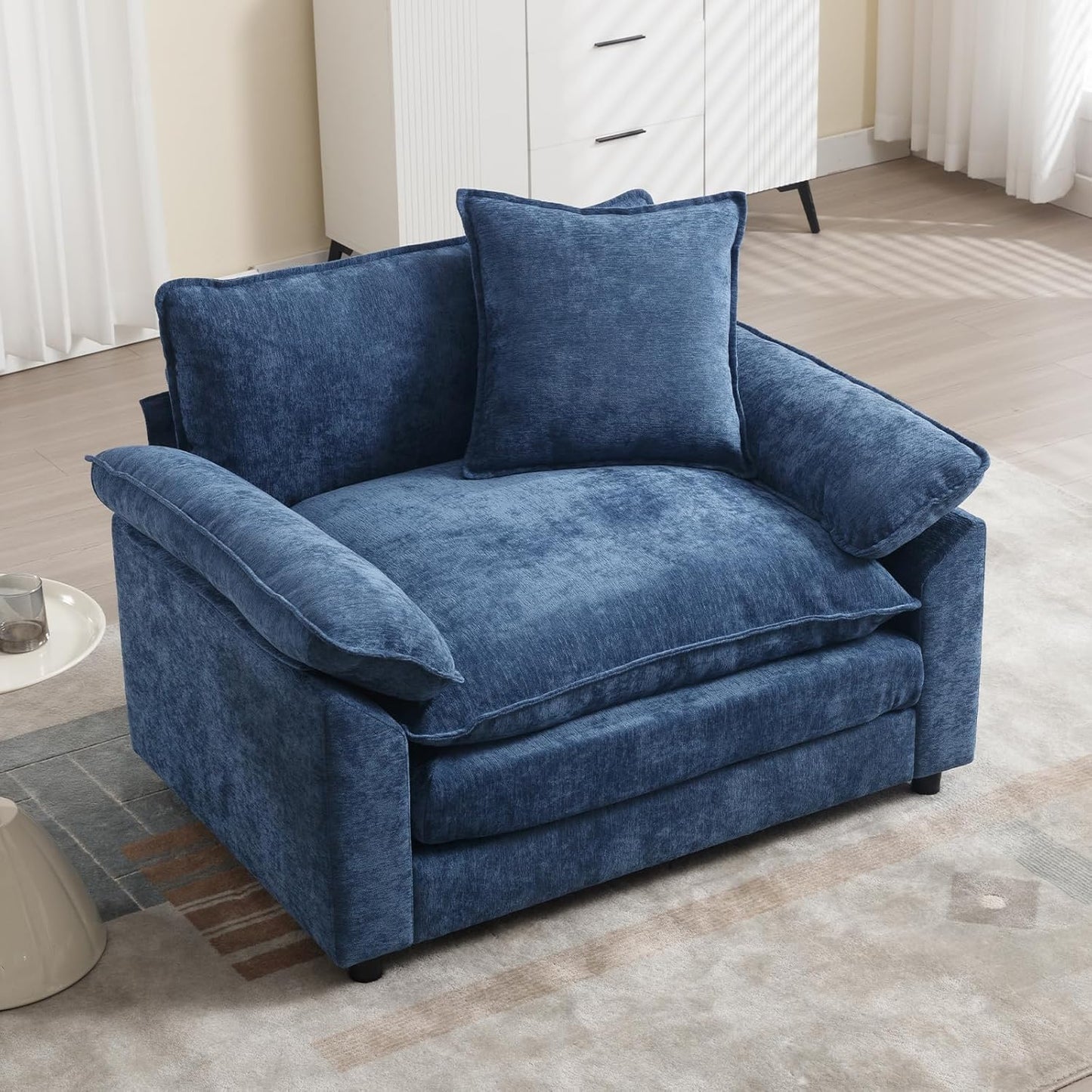 Chenille Oversized Accent Chair with Ottoman, Comfy Single Sofa Chair Armchair with Large Seat and Extra Wide Armrests, Modern Reading Chairs for Bedroom, Living Room,Beige