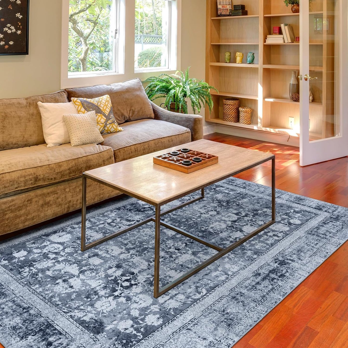 Area Rug 5×7, Vintage Boho Rug,Ultra-Soft Low Pile, Washable, Non Slip,Stain Resistant Printed Carpet for Living Room Bedrooms Playroom Office Kitchen, Light Blue