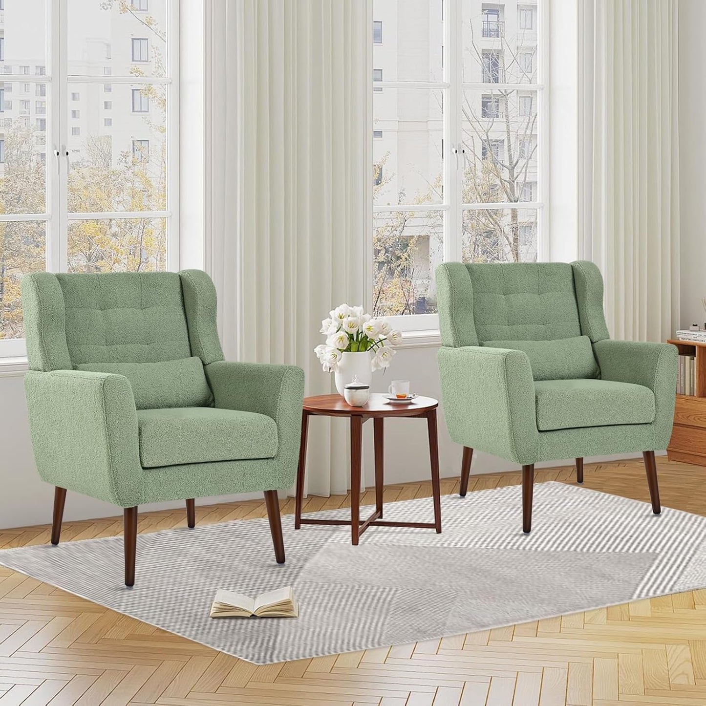 Accent Chairs Set of 2 for Living Room, Chenille Upholstered Mordern Armchair, Comfy Soft Padded Lounge Reading Arm Chair in Small Space, Bedroom, Pillow, Solid Wood Leg, Beige