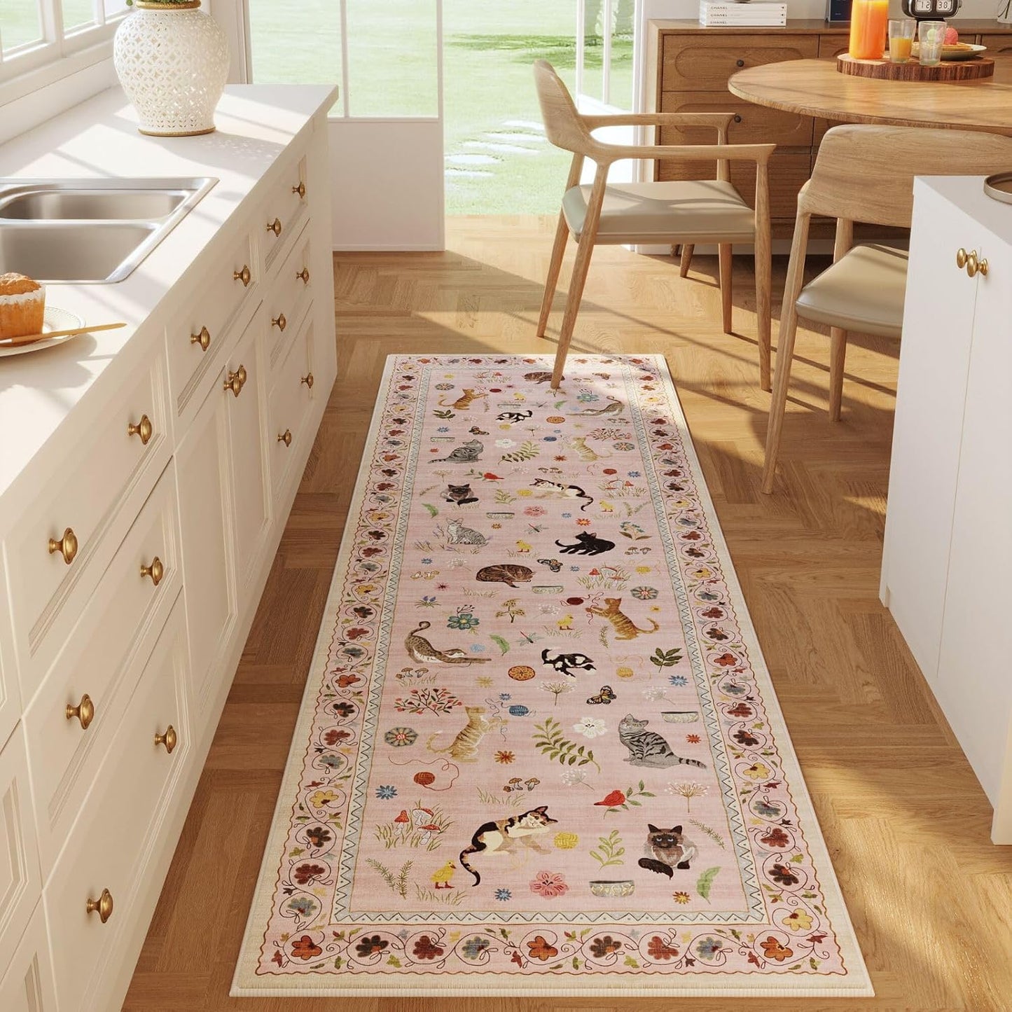 Rugcomf Living Room Rug 5x7 Rug Machine Washable Boho Area Rug Non Slip Floral Animal Cat Vintage Low Pile Large Rugs for Living Room Bedroom Farmhouse Dining Room Kids Playroom, Beige