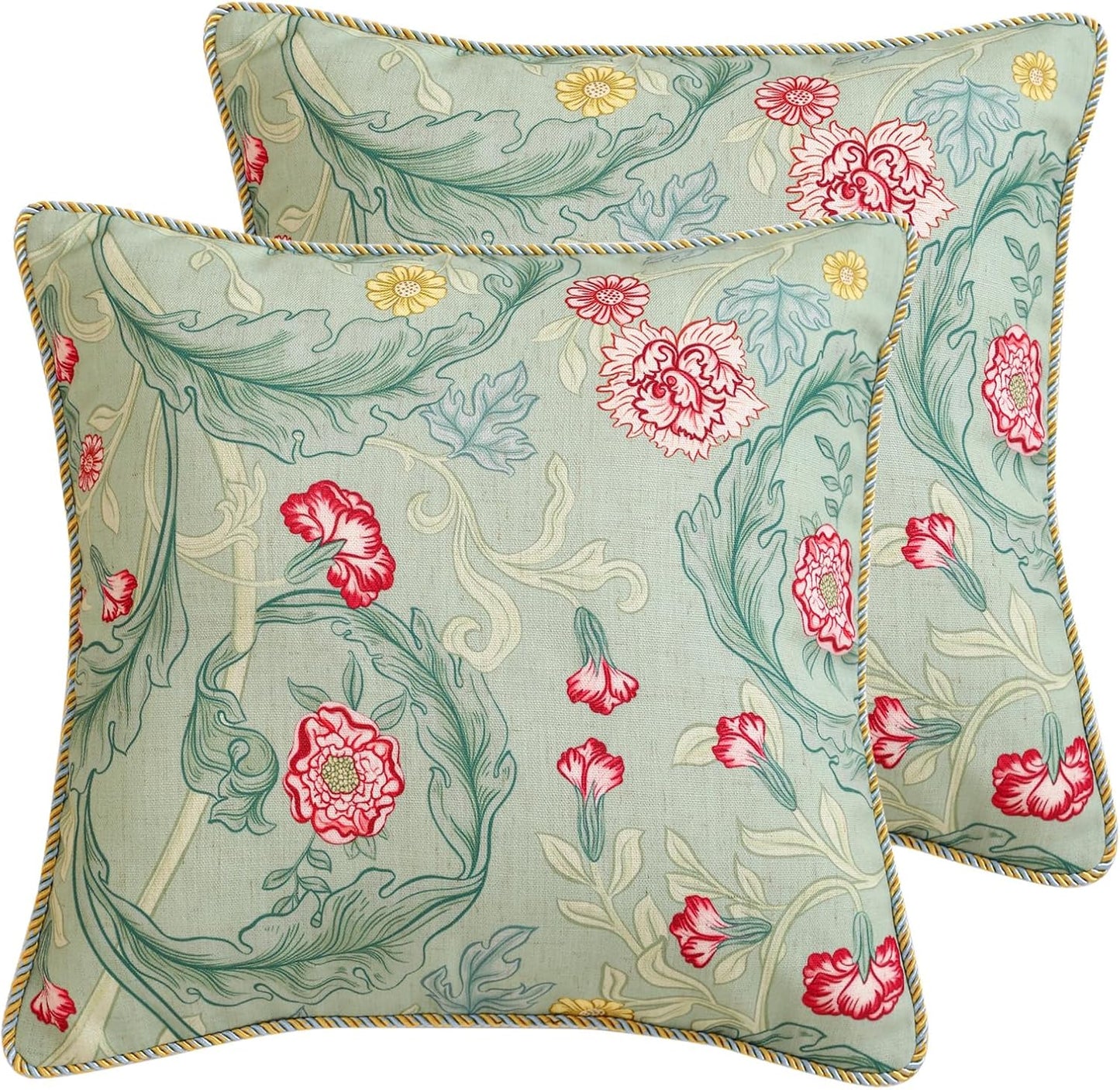 patdrea Designer Pack of 2 Square Throw Pillow Covers,Farmhouse Pink and Yellow Linen with Floral Pattern Pillows Cover,Decorative Pillowcases Cushion for Bed Living Room Outdoor Car,18"x18"