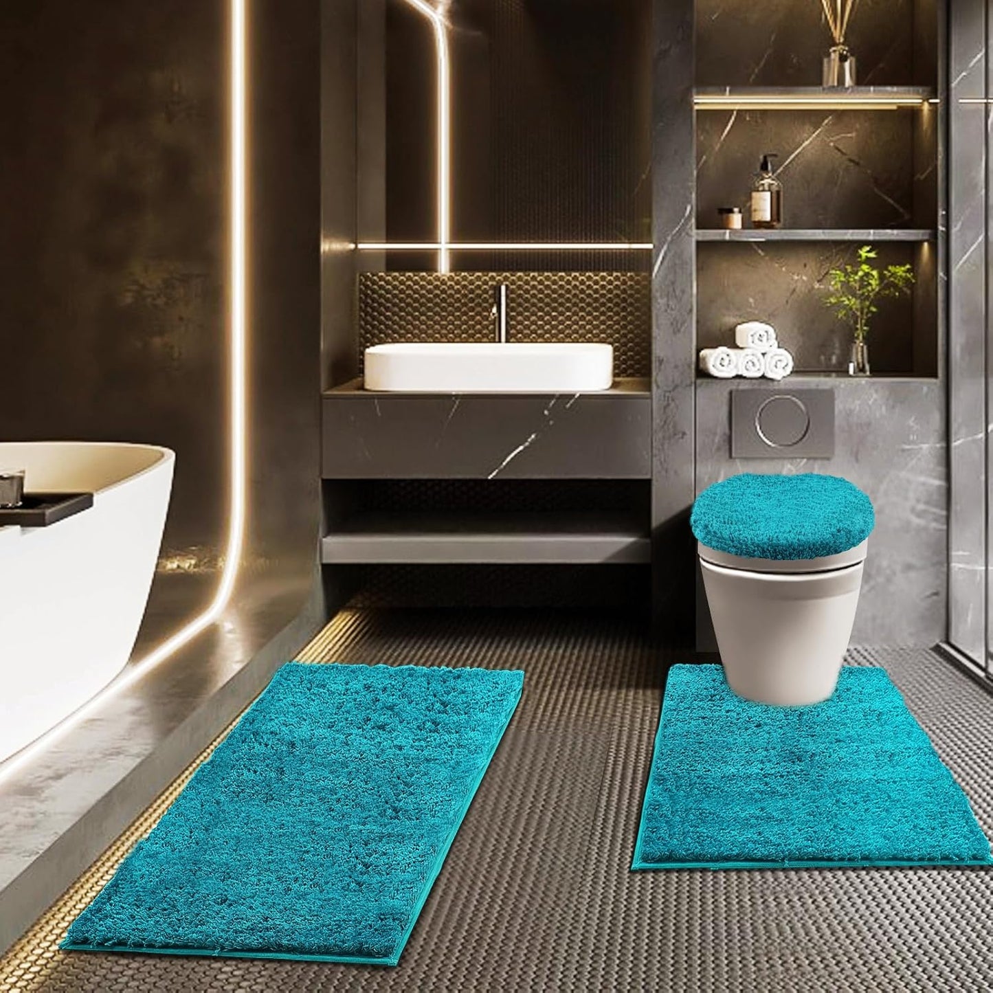 Bathroom Rugs Sets 3 Piece with Adjustable Toilet Seat Cover 17.5"x 15" Machine Washable Bath Rug Set with TPR Non Slip Rubber Backing Solid Bath Mat Set for Luxury Bathroom Decoration