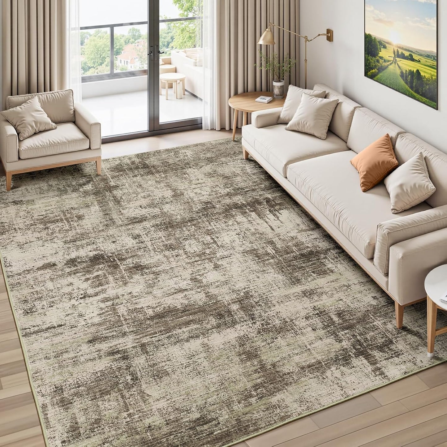 Lofus 8x10 Area Rug for Living Room, Gold Abstract Large Rugs with Non-Slip Backing, Neutral Modern Washable Carpet for Bedroom Dining Room Home Office Nursery Indoor