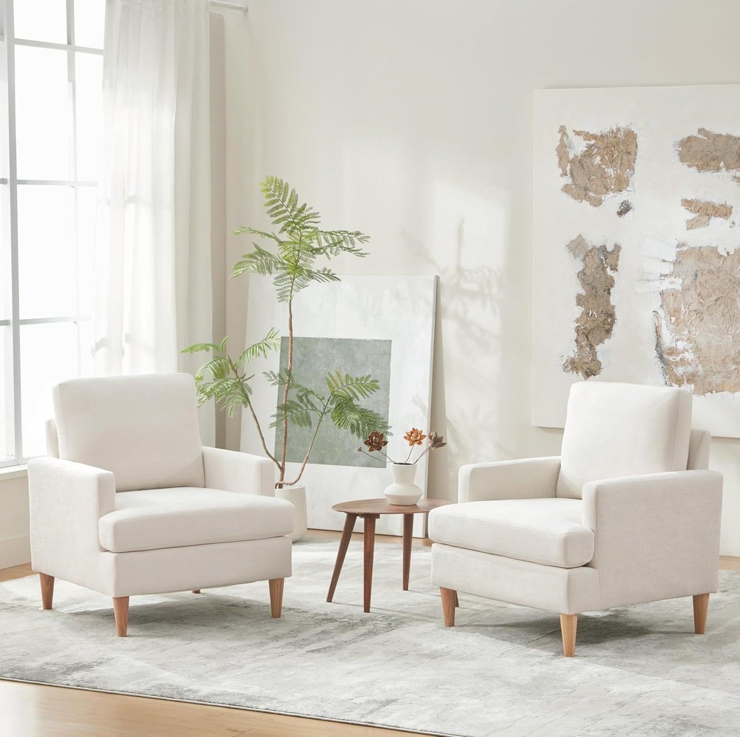 VKNOW Mid-Century Accent Chair, Modern Upholstered Chenille Armchair for Living Room,Comfy Reading Accent Chairs with Wood Legs for Bedroom, Beige