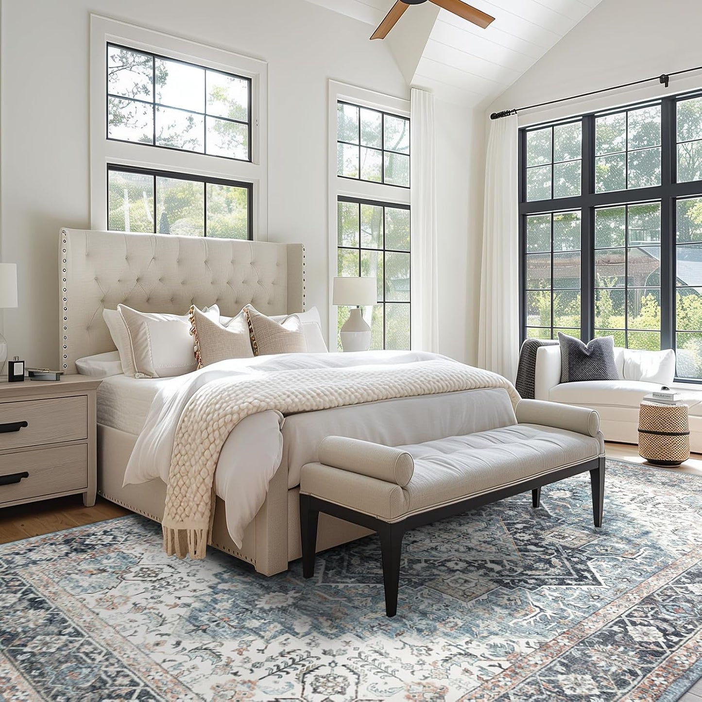 Area Rug 5×7, Vintage Boho Rug,Ultra-Soft Low Pile, Washable, Non Slip,Stain Resistant Printed Carpet for Living Room Bedrooms Playroom Office Kitchen, Light Blue