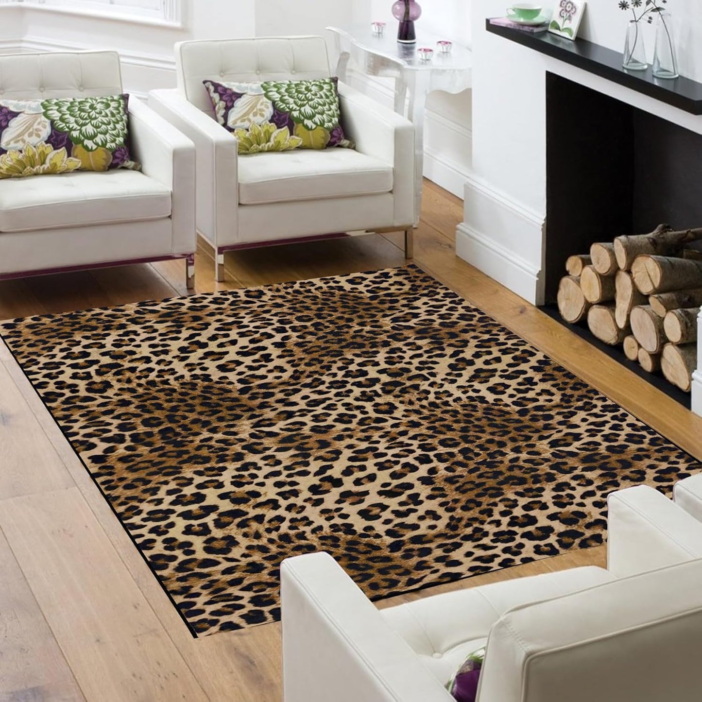 Leopard Rug 8x10 Large Living Room Area Rug Washable Non-Slip Leopard Print Bedroom Rug Modern Themed Indoor Carpet for Dining Room Foyer Apartment Den（8x10ft,Brown）