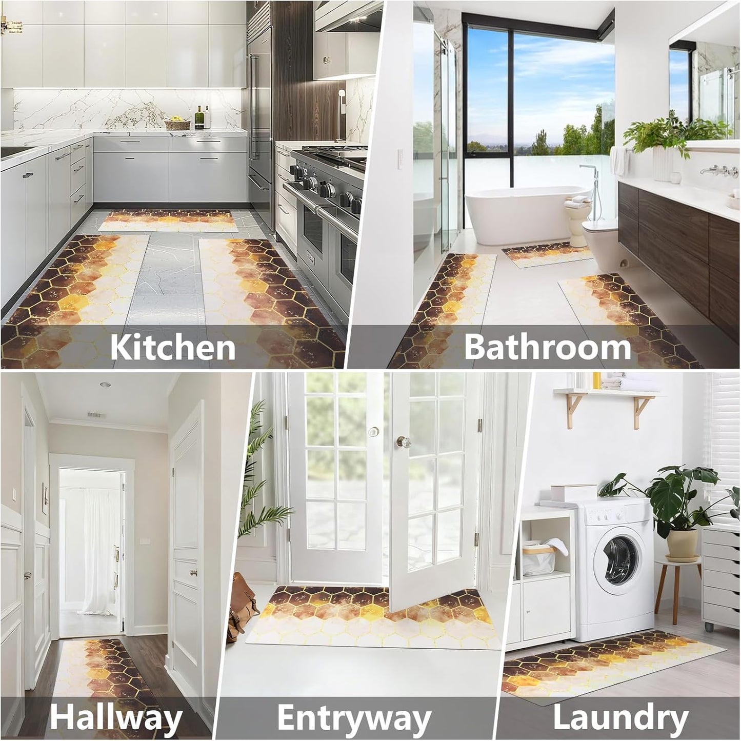 Kitchen Rugs Sets 3 Piece, Non Slip Cushioned Kitchen Mats for Floor Comfort Standing Runner Rugs, Chef Floor Carpet for Sink, Laundry Room, Hallway, Entryway, Bathroom, Brown Honeycomb Marble