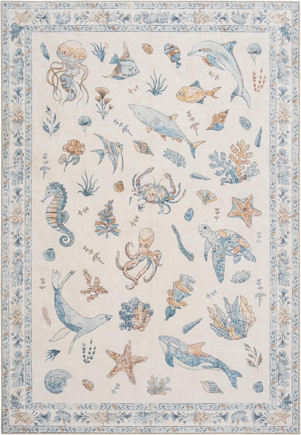 Soft Marine Animal Washable Faux Wool Stain Resistant Rug Rubber Non-Slip Backing for Playroom Bathroom Living Room Bedroom Bedside Beachy Cute Coastal Nautical Nursery Rug (Blue Multi, 5' x 7')