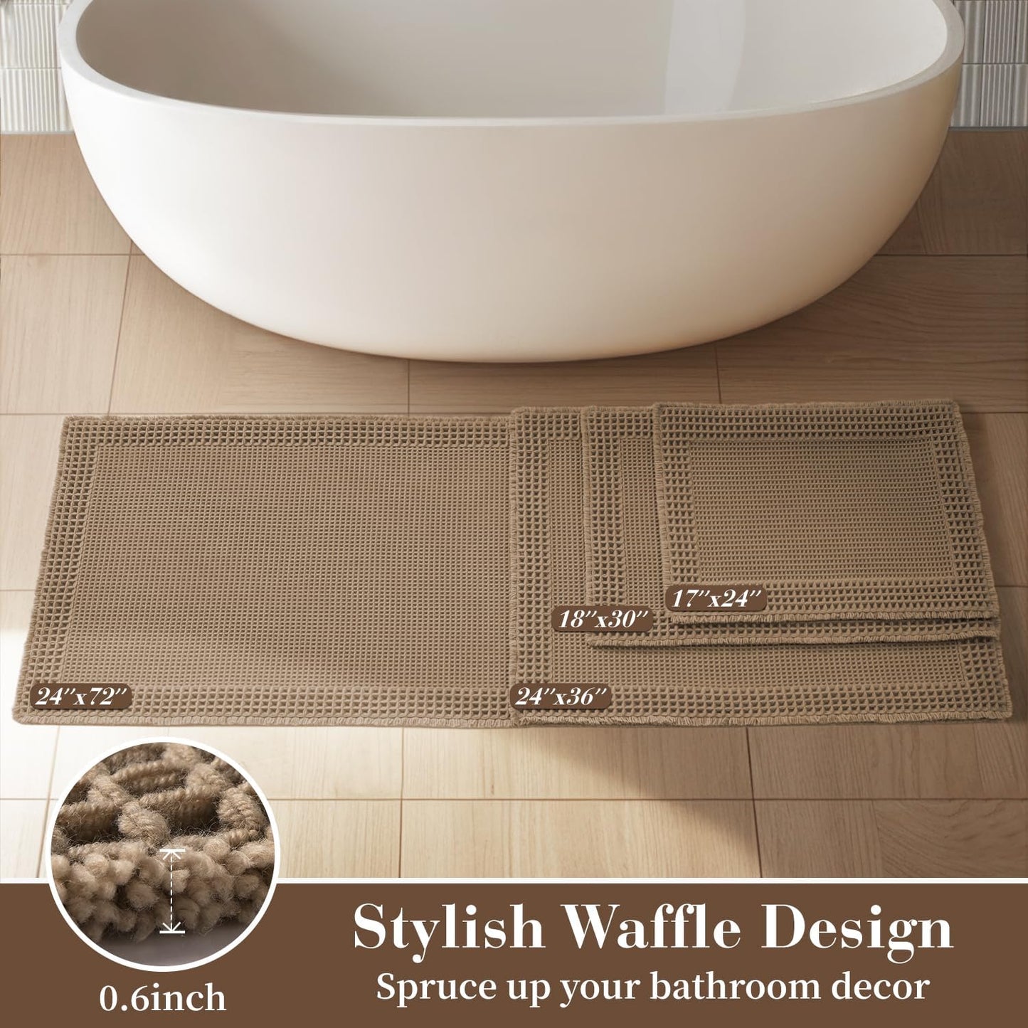 RESARE Waffle Bathroom Runner Rugs, Super Absorbent Bath Mat Non Slip Washable Quick Dry, Upgraded Ultra Soft Boho Bath Rugs with Tassels for Hallway Bedroom Laundry Room, 2'x6'(24"x72"), Brown