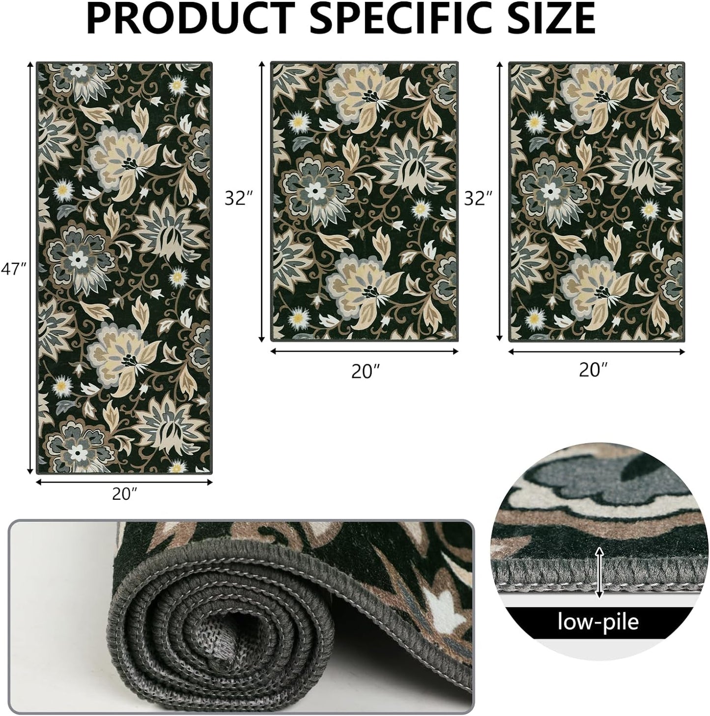 Homcomoda Boho 3 Piece Rug Set with Runner - Non Slip Floor Mats, Washable Kitchen Carpet Runner for Laundry, Hallway