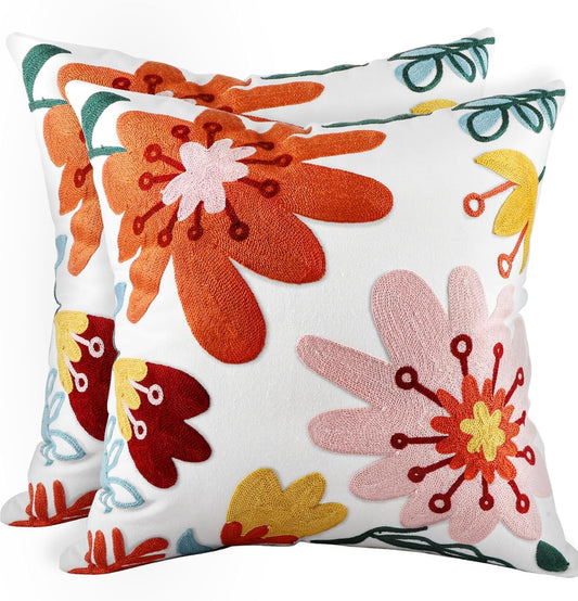 Embroidered Throw Pillow Covers 18x18 Inch - Set of 2 Summer Decorative Pillow Covers with Zipper Aesthetic Cute Design Throw Pillowcases for Couch Sofa Bed, Colorful Flowers
