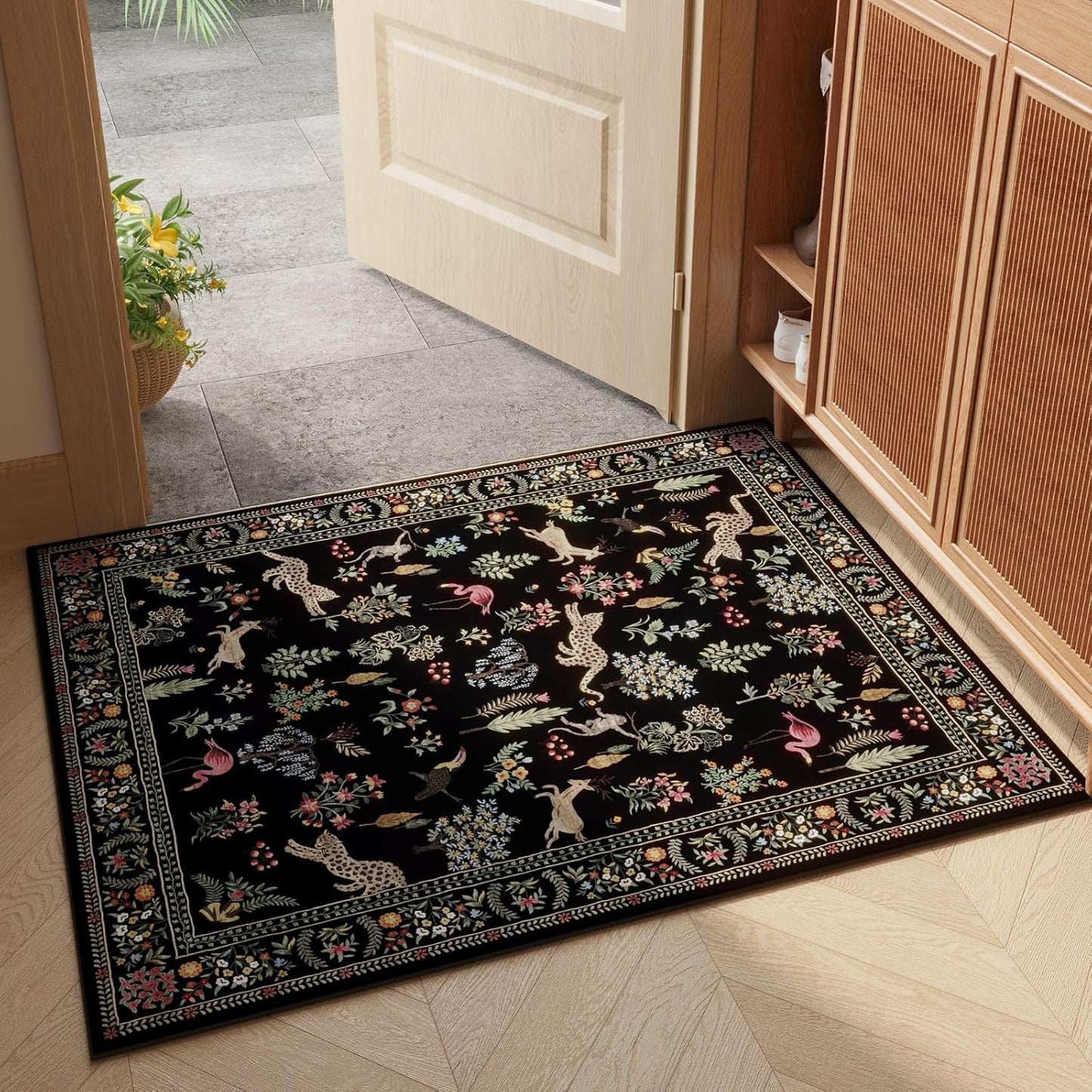 Rugcomf Living Room Rug 5x7 Rug Machine Washable Boho Area Rug Non Slip Floral Animal Cat Vintage Low Pile Large Rugs for Living Room Bedroom Farmhouse Dining Room Kids Playroom, Beige