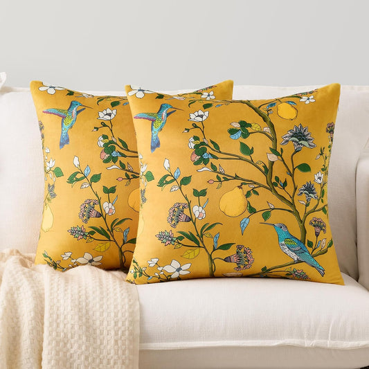 MUSSEL Mustard Yellow Floral Pillow Covers 18x18 Set of 2, Velvet Wild Flower Plant Throw Pillows Case, Square Farmhouse Decor Cushion Covers for Home Sofa Bed Couch