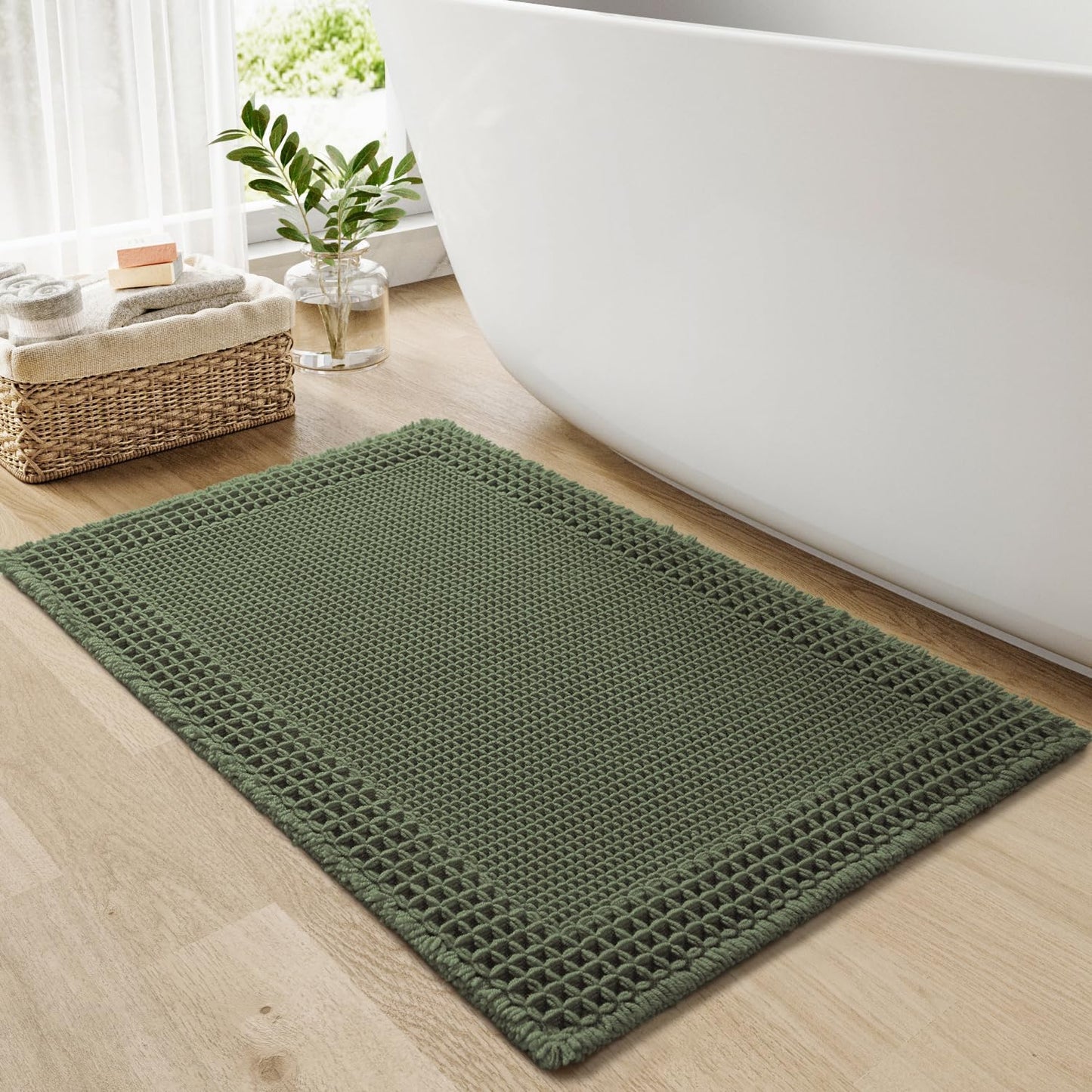 RESARE Waffle Bathroom Runner Rugs, Super Absorbent Bath Mat Non Slip Washable Quick Dry, Upgraded Ultra Soft Boho Bath Rugs with Tassels for Hallway Bedroom Laundry Room, 2'x6'(24"x72"), Brown