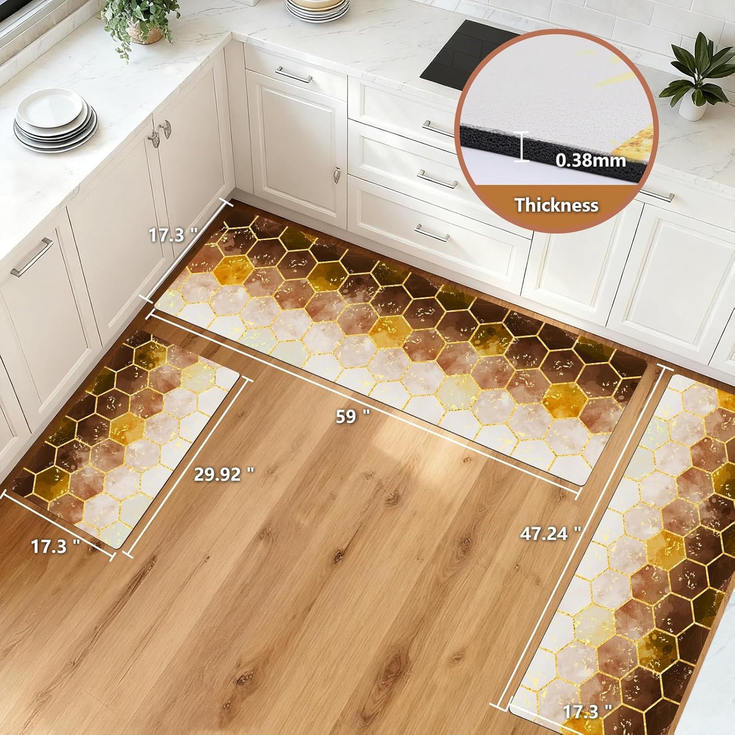 Kitchen Rugs Sets 3 Piece, Non Slip Cushioned Kitchen Mats for Floor Comfort Standing Runner Rugs, Chef Floor Carpet for Sink, Laundry Room, Hallway, Entryway, Bathroom, Brown Honeycomb Marble