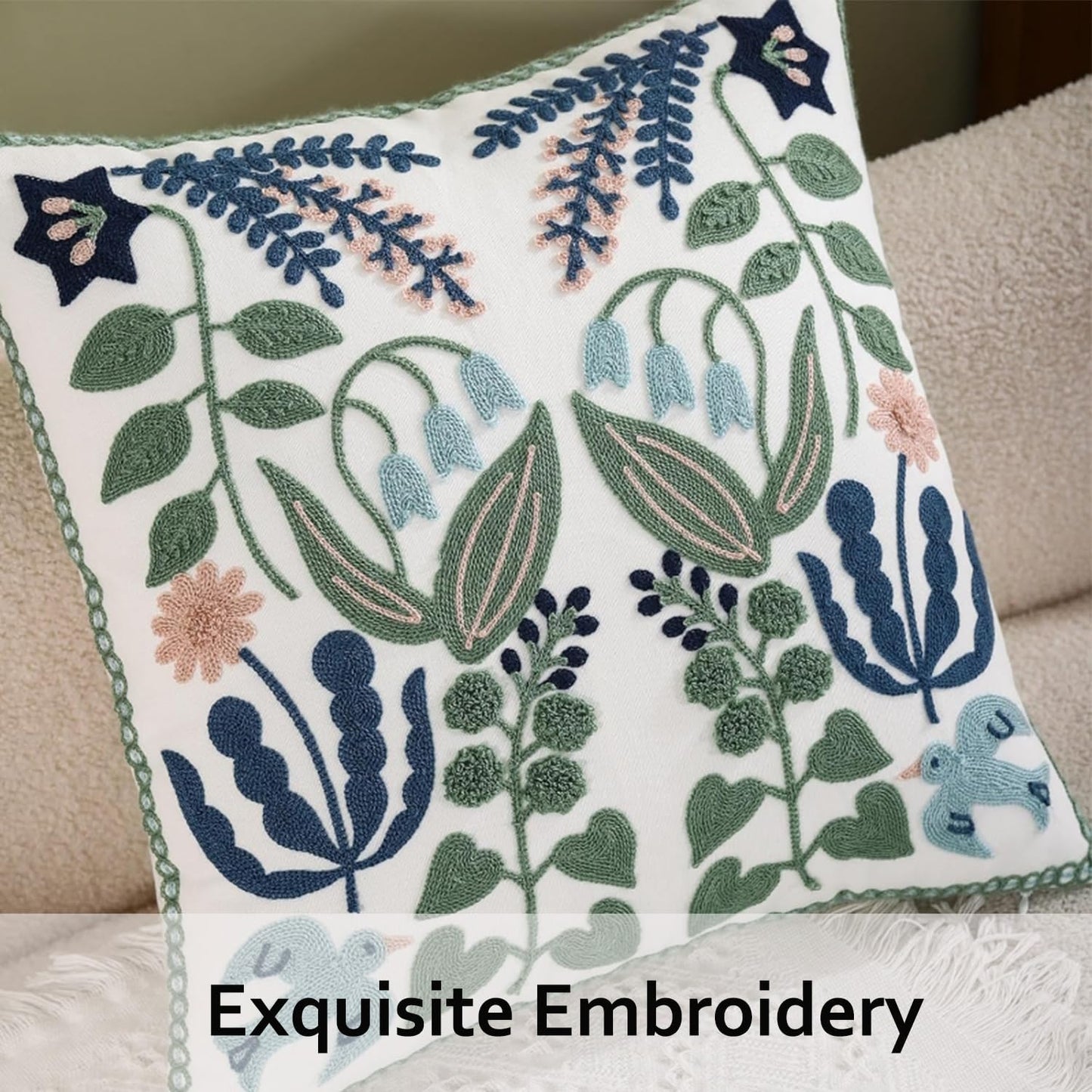 Tosleo Flower Embroidered Throw Pillow Covers 18x18 inch Pack of 2 Green Leaves with Birds Floral Pillowcases Farmhouse Decorative Coastal Pillow Cushion Cases Square Navy Blue Flower Pillow Case