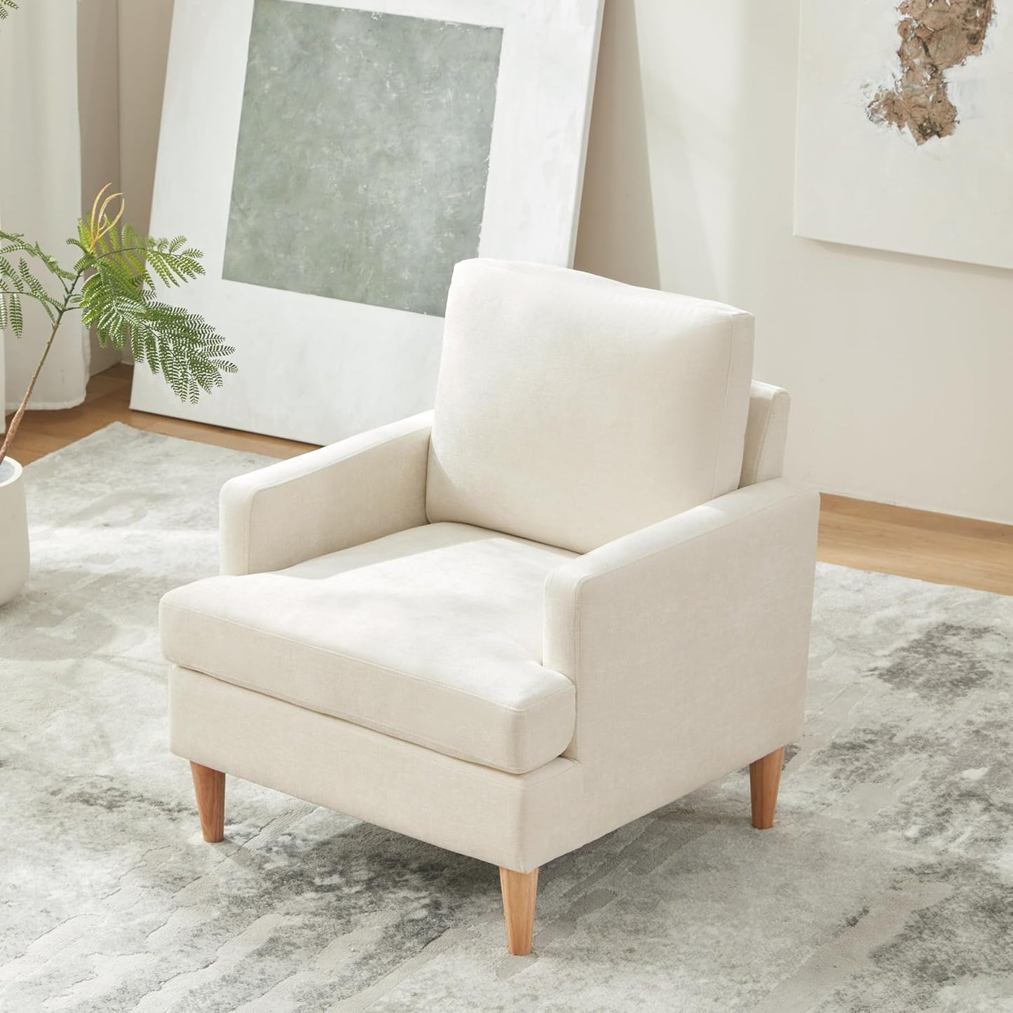 VKNOW Mid-Century Accent Chair, Modern Upholstered Chenille Armchair for Living Room,Comfy Reading Accent Chairs with Wood Legs for Bedroom, Beige