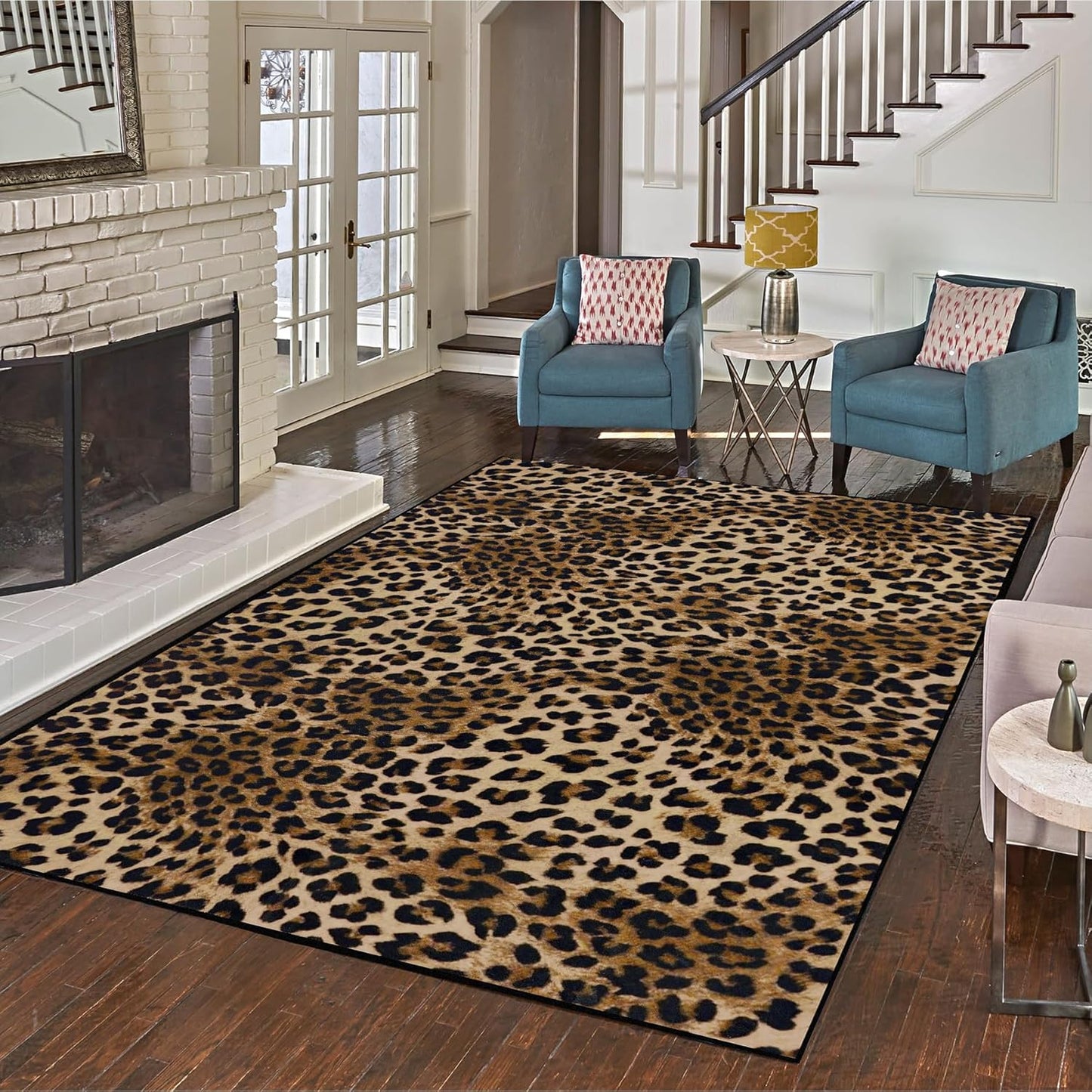 Leopard Rug 8x10 Large Living Room Area Rug Washable Non-Slip Leopard Print Bedroom Rug Modern Themed Indoor Carpet for Dining Room Foyer Apartment Den（8x10ft,Brown）