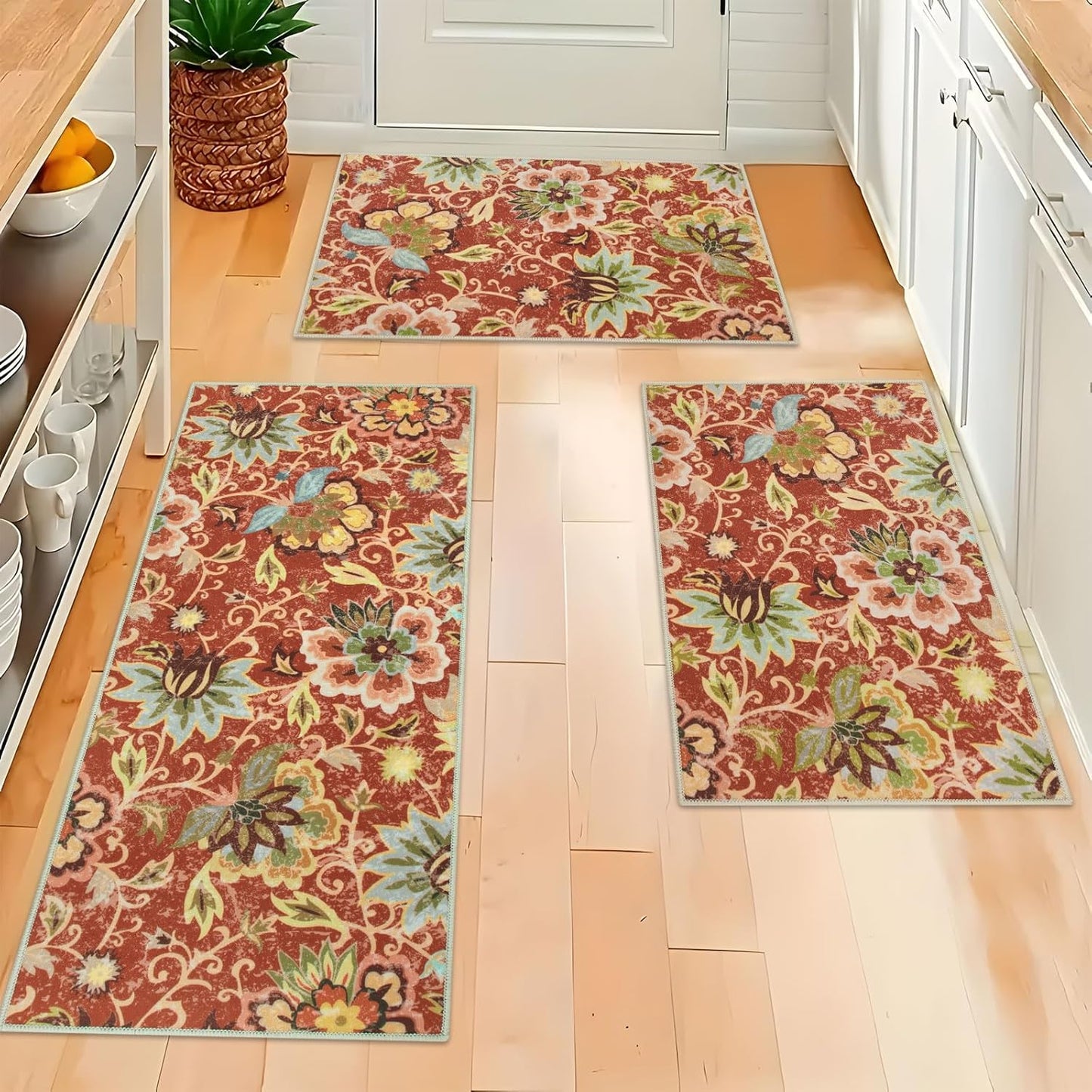 Homcomoda Boho 3 Piece Rug Set with Runner - Non Slip Floor Mats, Washable Kitchen Carpet Runner for Laundry, Hallway