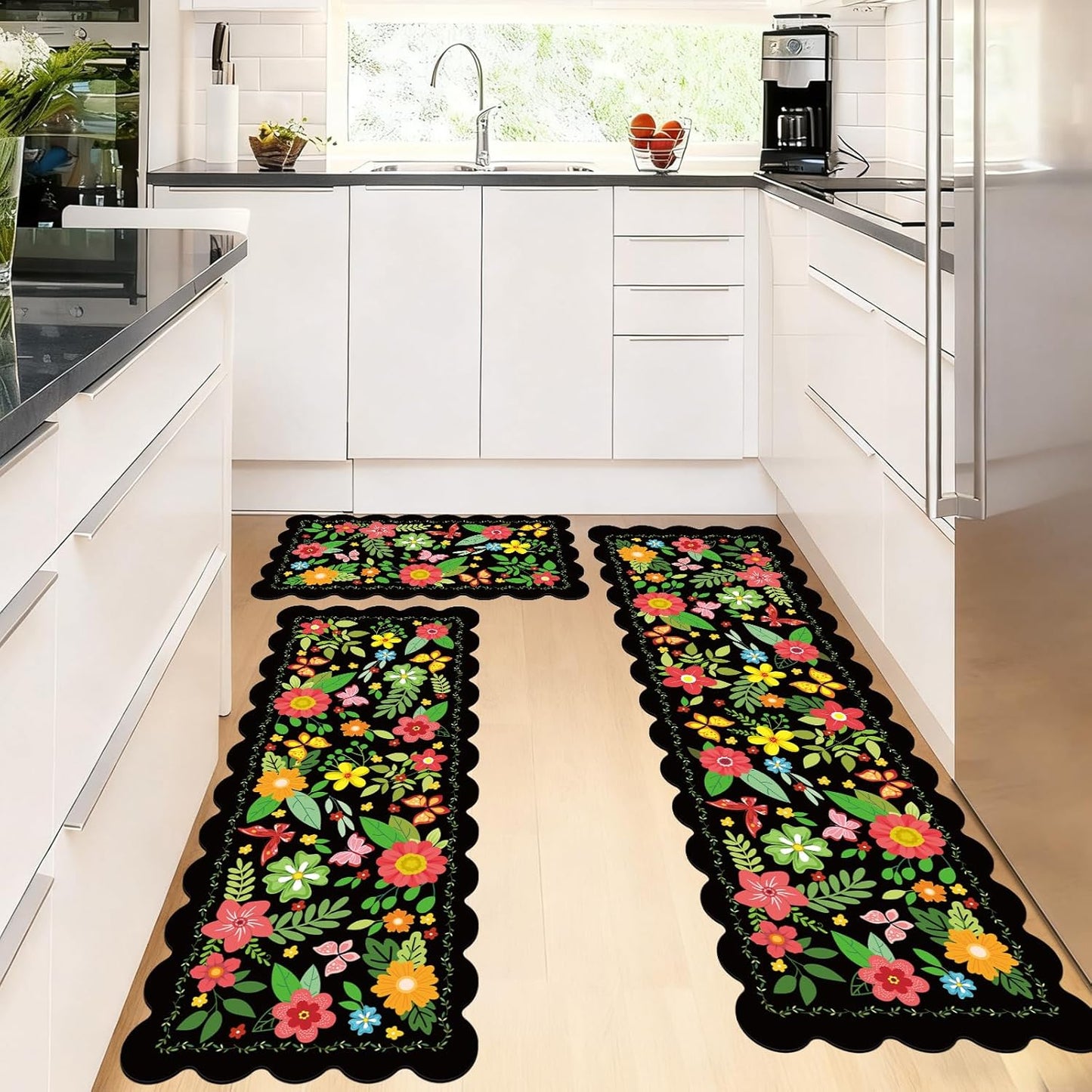 Kitchen Rugs Sets 3 Piece, Non Slip Cushioned Kitchen Mats for Floor Comfort Standing Runner Rugs, Chef Floor Carpet for Sink, Laundry Room, Hallway, Entryway, Bathroom, Brown Honeycomb Marble