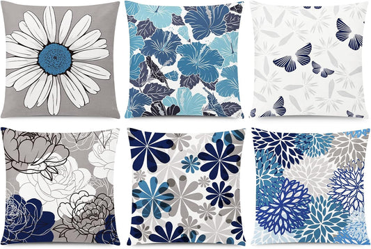 COMMINY Blue Grey Pillow Covers 18x18 Set of 6 Decorative Daisy Flower Throw Pillow Cover for Couch Modern Pillow Case for Patio Living Room Cushion Bed Farmhouse Home Decor