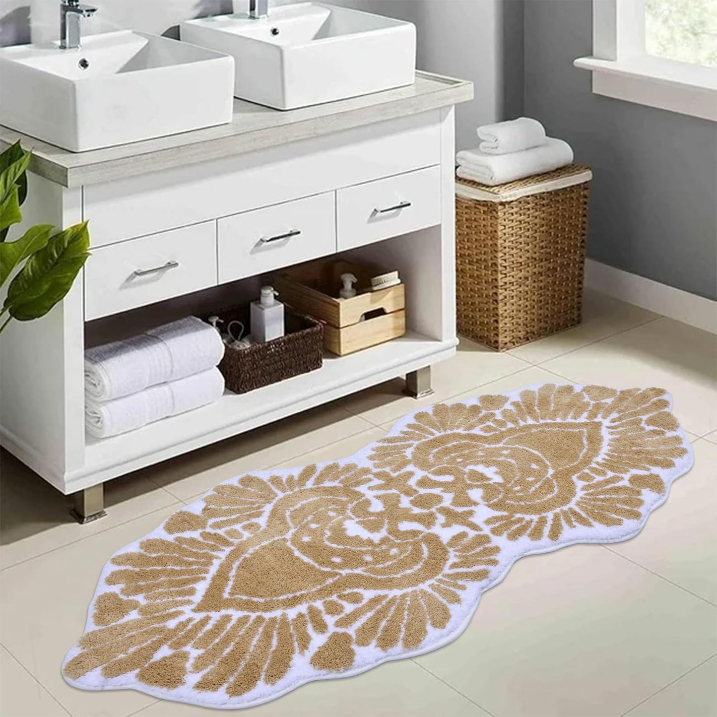 Bathroom Runner Rug 18x47 Non Slip Absorbent Bath Mats Long Bathroom Rugs Machine Washable Carpet Runner Rug Beige