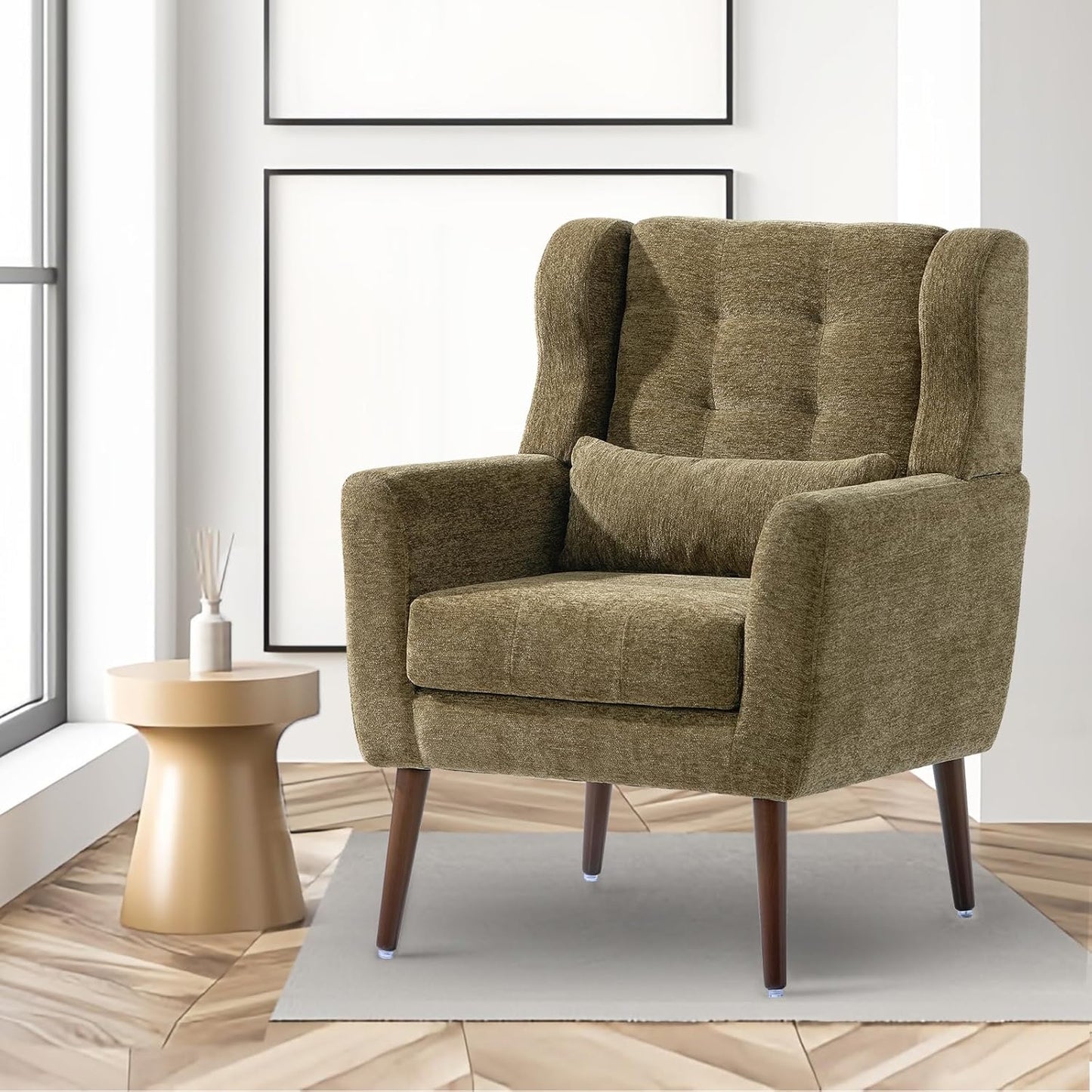 Accent Chairs Set of 2 for Living Room, Chenille Upholstered Mordern Armchair, Comfy Soft Padded Lounge Reading Arm Chair in Small Space, Bedroom, Pillow, Solid Wood Leg, Beige