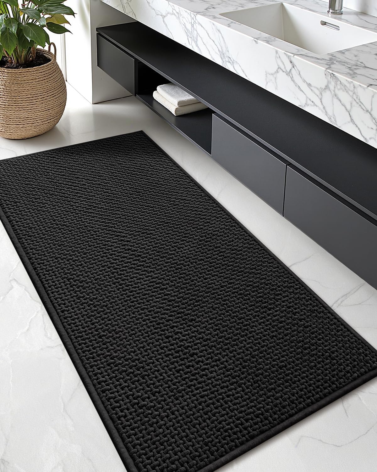 Color&Geometry Chenille Pile Large Bathroom Rugs Upgraded Denser, 24"x36" Non Slip Absorbent Black Bath Mats for Bathroom Thin Fit Under Door, Washable Quick Dry