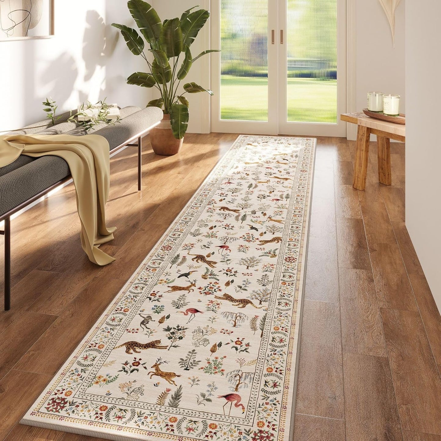 Rugcomf Living Room Rug 5x7 Rug Machine Washable Boho Area Rug Non Slip Floral Animal Cat Vintage Low Pile Large Rugs for Living Room Bedroom Farmhouse Dining Room Kids Playroom, Beige