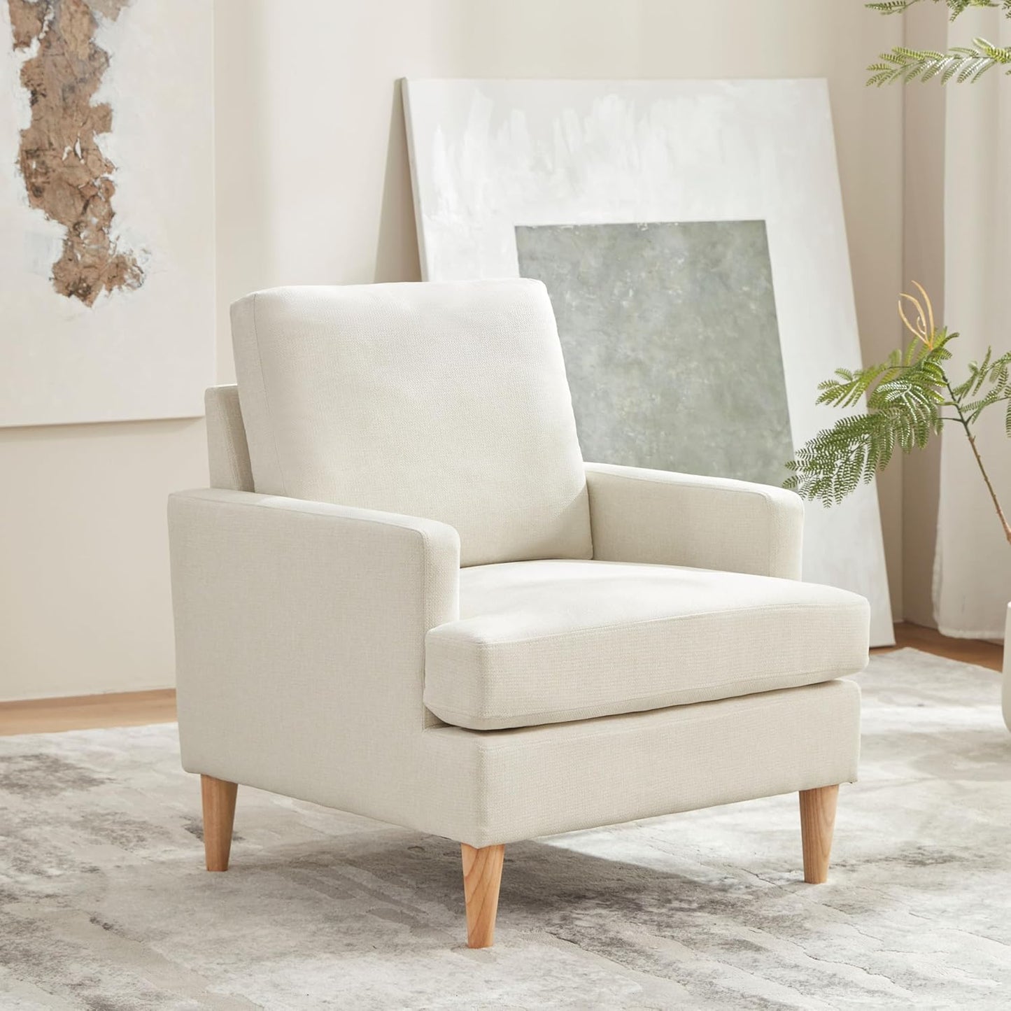 VKNOW Mid-Century Accent Chair, Modern Upholstered Chenille Armchair for Living Room,Comfy Reading Accent Chairs with Wood Legs for Bedroom, Beige