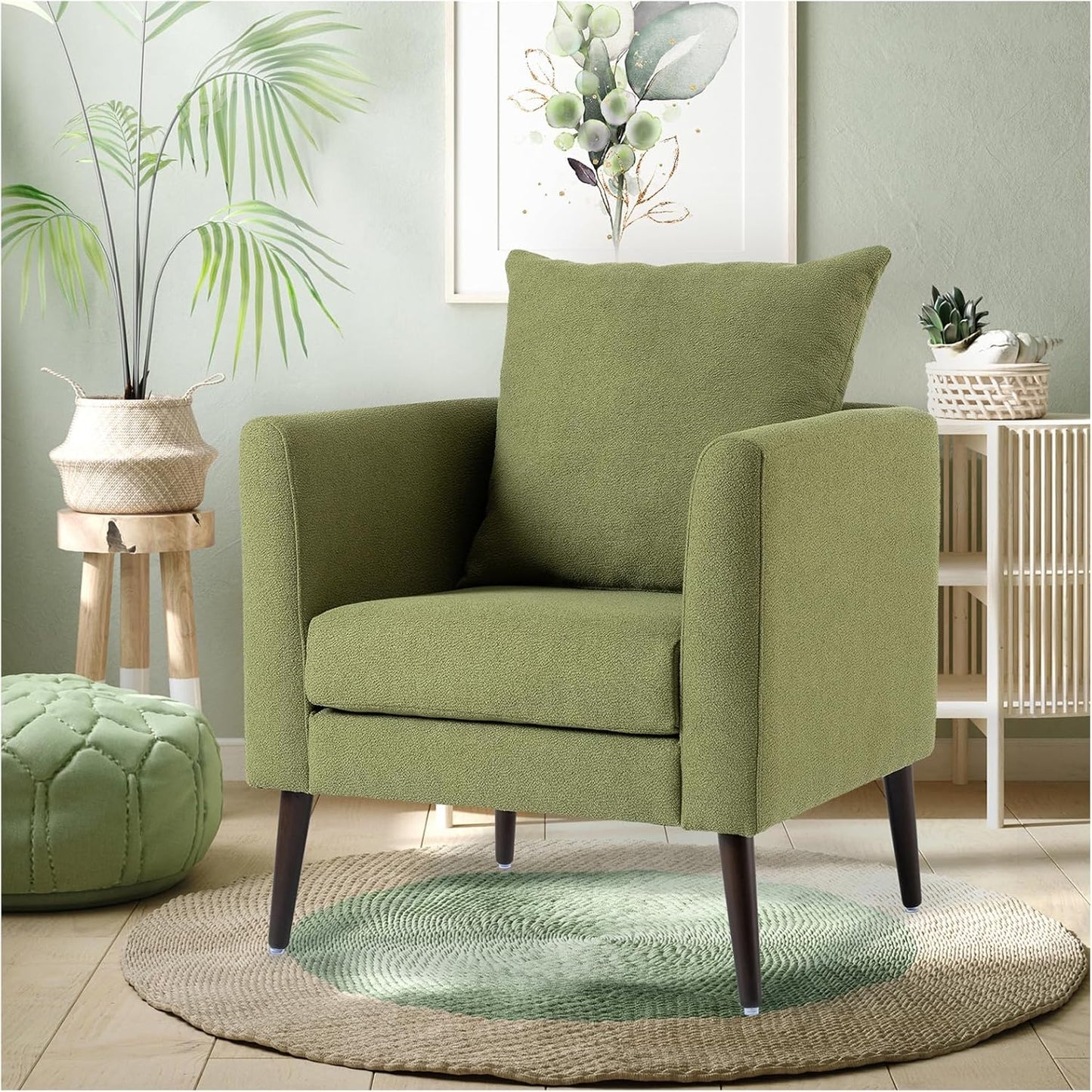 Accent Chairs Set of 2 for Living Room, Chenille Upholstered Mordern Armchair, Comfy Soft Padded Lounge Reading Arm Chair in Small Space, Bedroom, Pillow, Solid Wood Leg, Beige