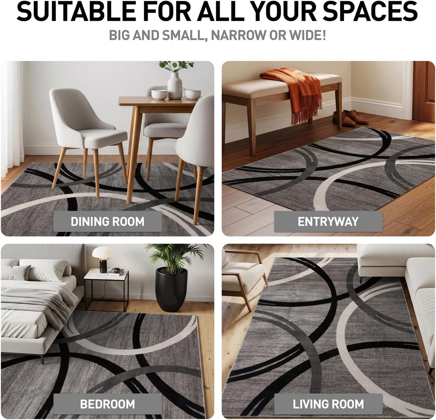 Rugshop Wavy Circles Design Area Rug, Fade-Resistant Carpet for Living Room, Dining Room, or Bedroom, Gray, 5'3" x 7'3"