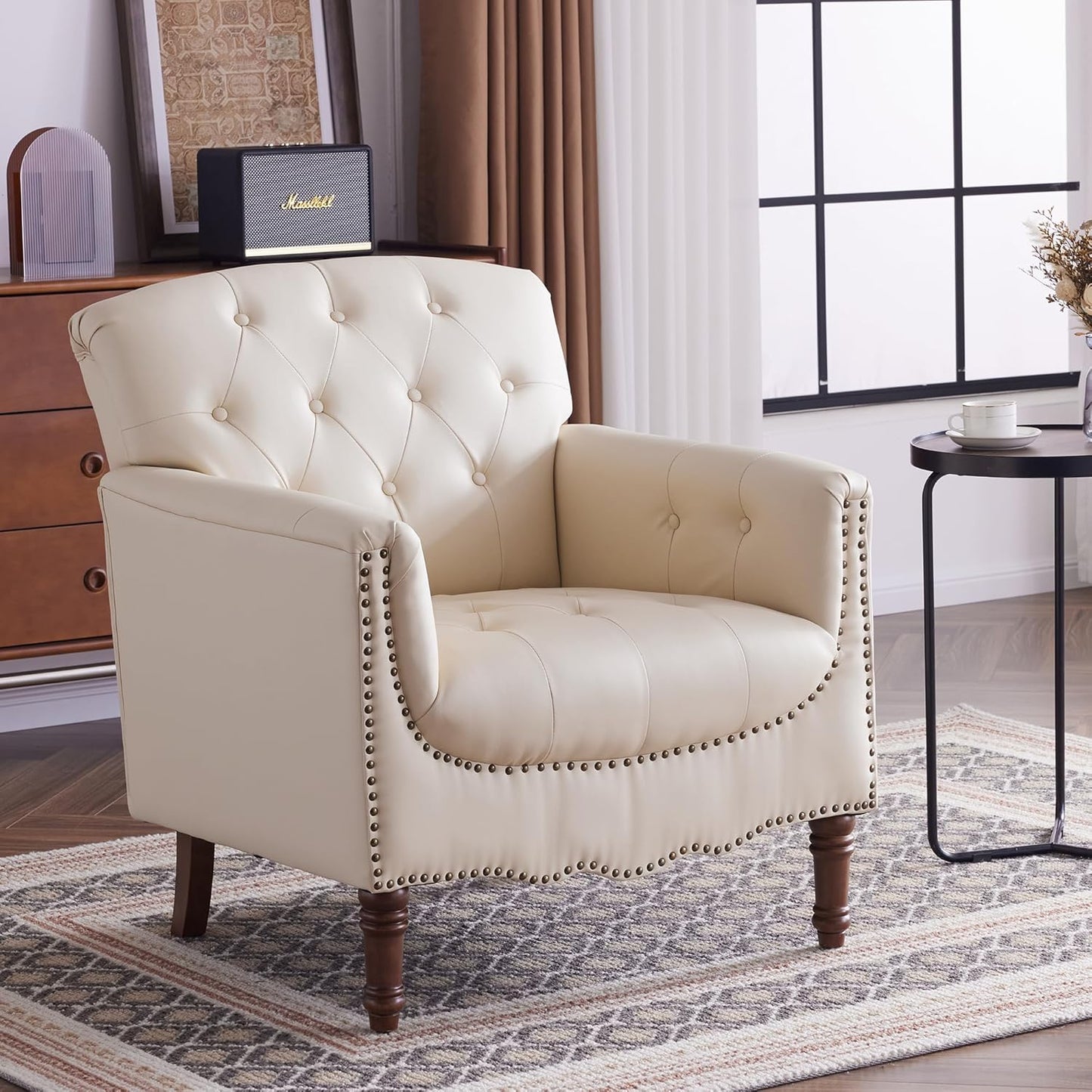MOJAY PU Leather Accent Chair Set of 2, Modern Living Room Chair Comfy Armchair with Thick Padded Cushion, Lounge Sofa Club Chair with Sturdy Wood Legs for Bedroom Home Office (Ivory White)